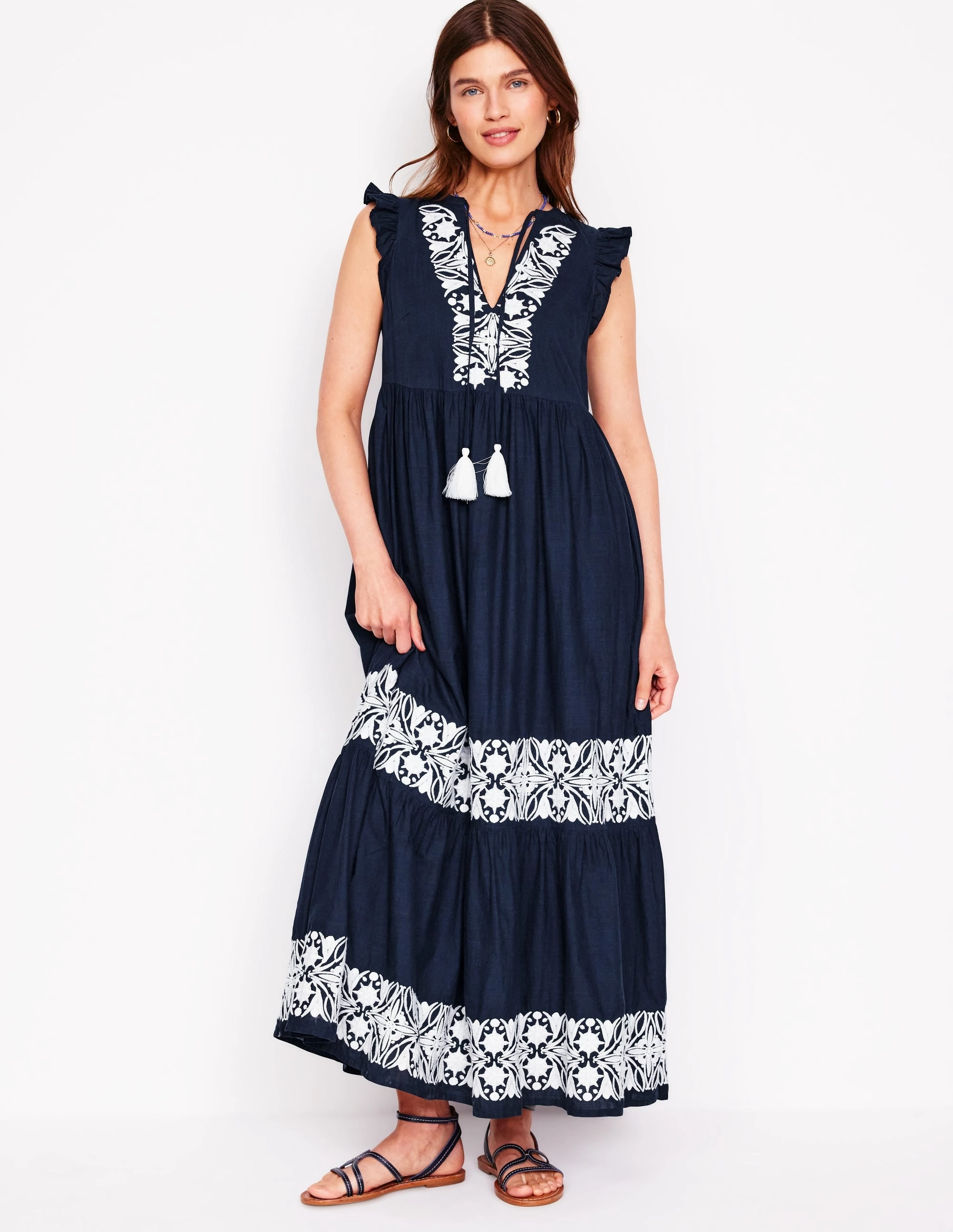 Texture Soft Lightweight and Breezy Tie Neck Tier Dress-Navy