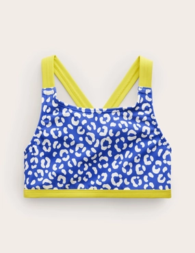 Cross Back Bikini Top-Blue Leopard Poolside Leisure