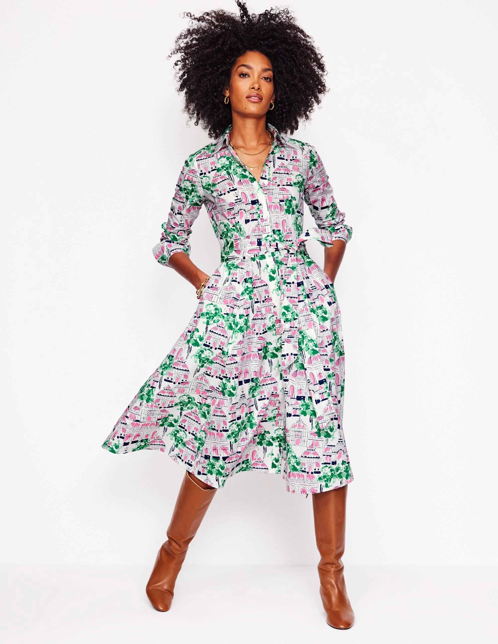 Autumn Look Amy Cotton Midi Shirt Dress-Ivory, Botanical Greenhouse