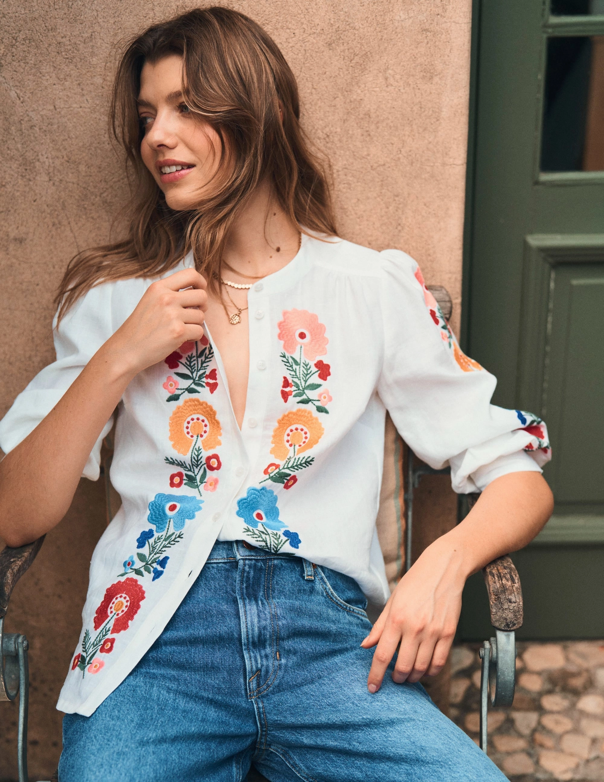 Spring Wear Alicia Linen Top-White, Floral Embroidery