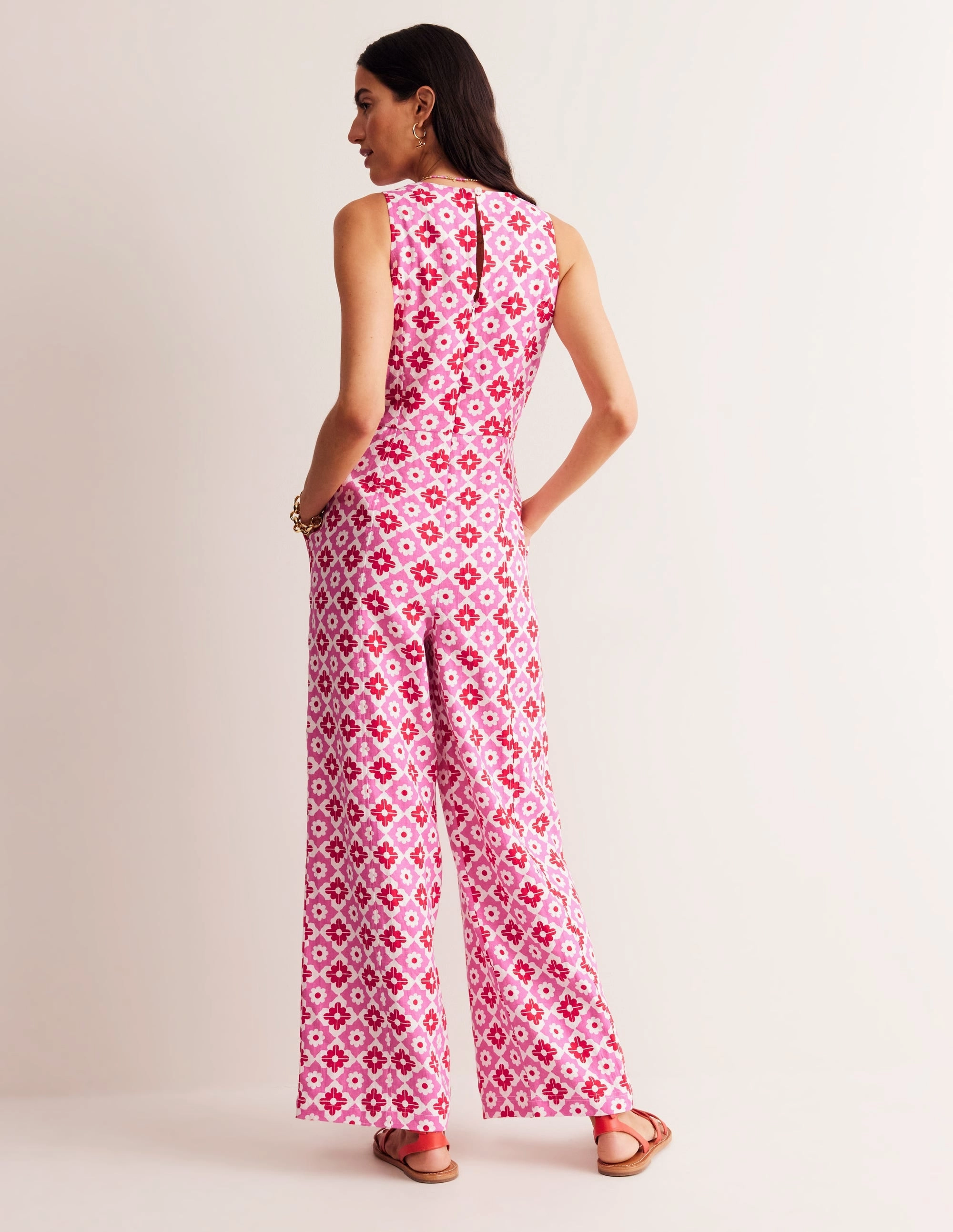 Carla Linen Jumpsuit-Pink Power, Geometric Stamp Sophisticated Tailoring Match Quick