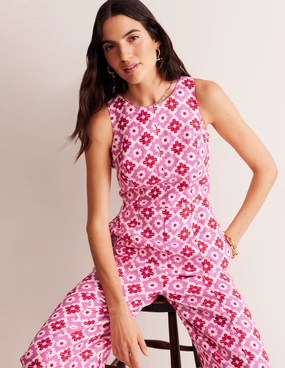 Carla Linen Jumpsuit-Pink Power, Geometric Stamp Silky Shape