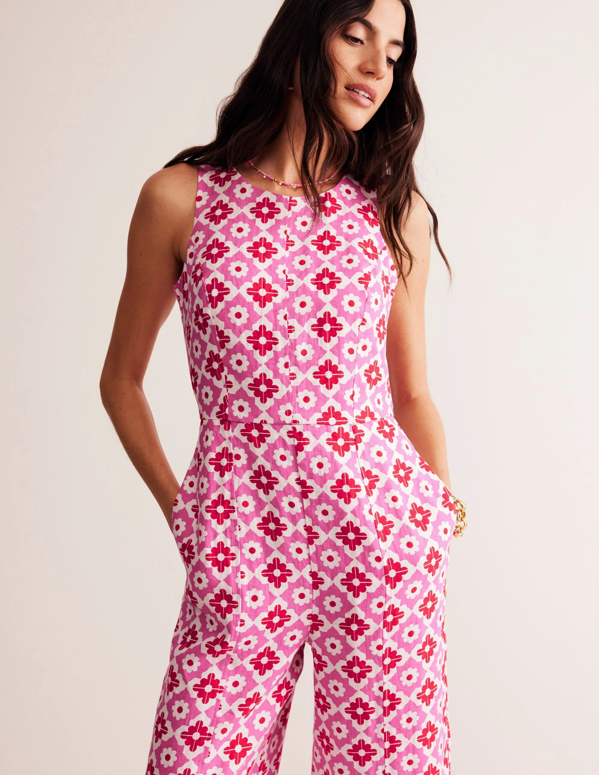 Carla Linen Jumpsuit-Pink Power, Geometric Stamp Easy Comfort