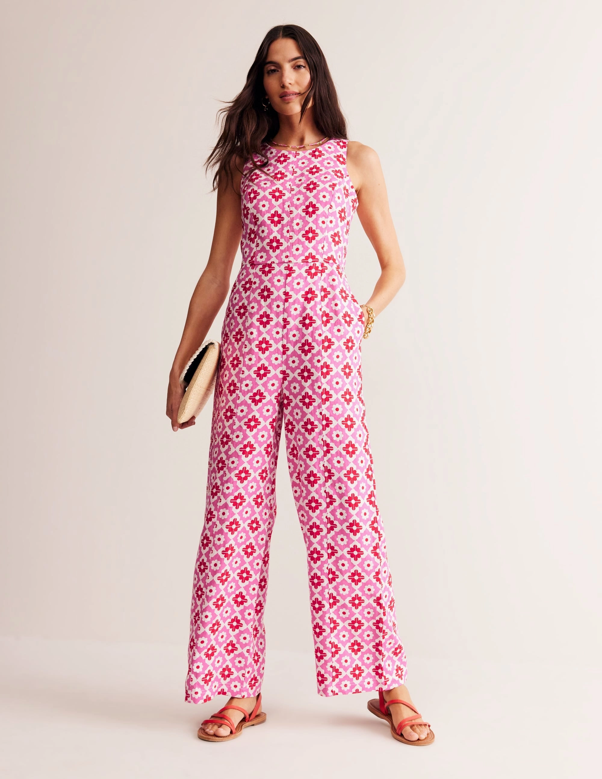 Raw-Hem Feminine Details Carla Linen Jumpsuit-Pink Power, Geometric Stamp