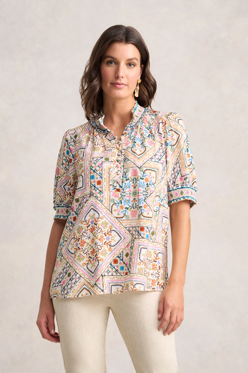 Quick Dry Technology LowMaintenance Fabric Rayon Blouse - Tile Print