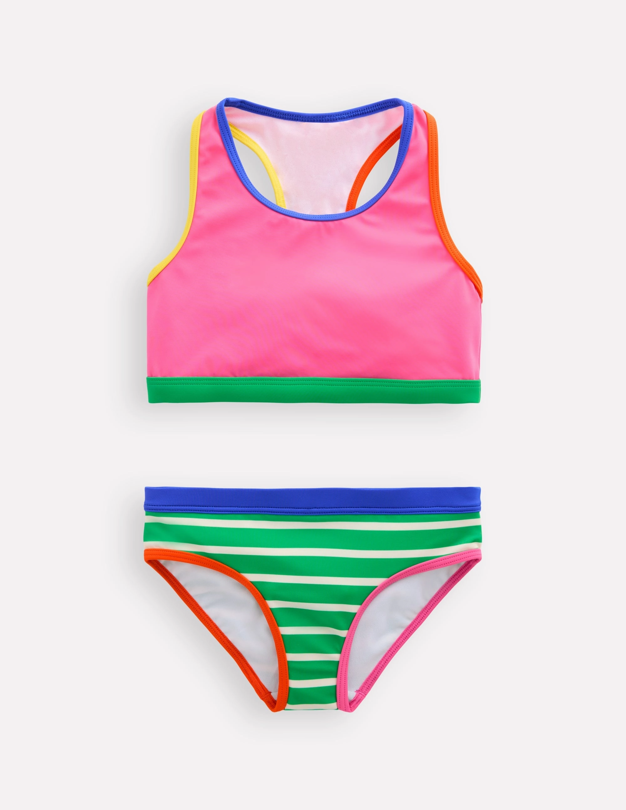 Beach Style Performance Fabric Racerback Bikini-Flamingo Pink/Pea Green Stripe