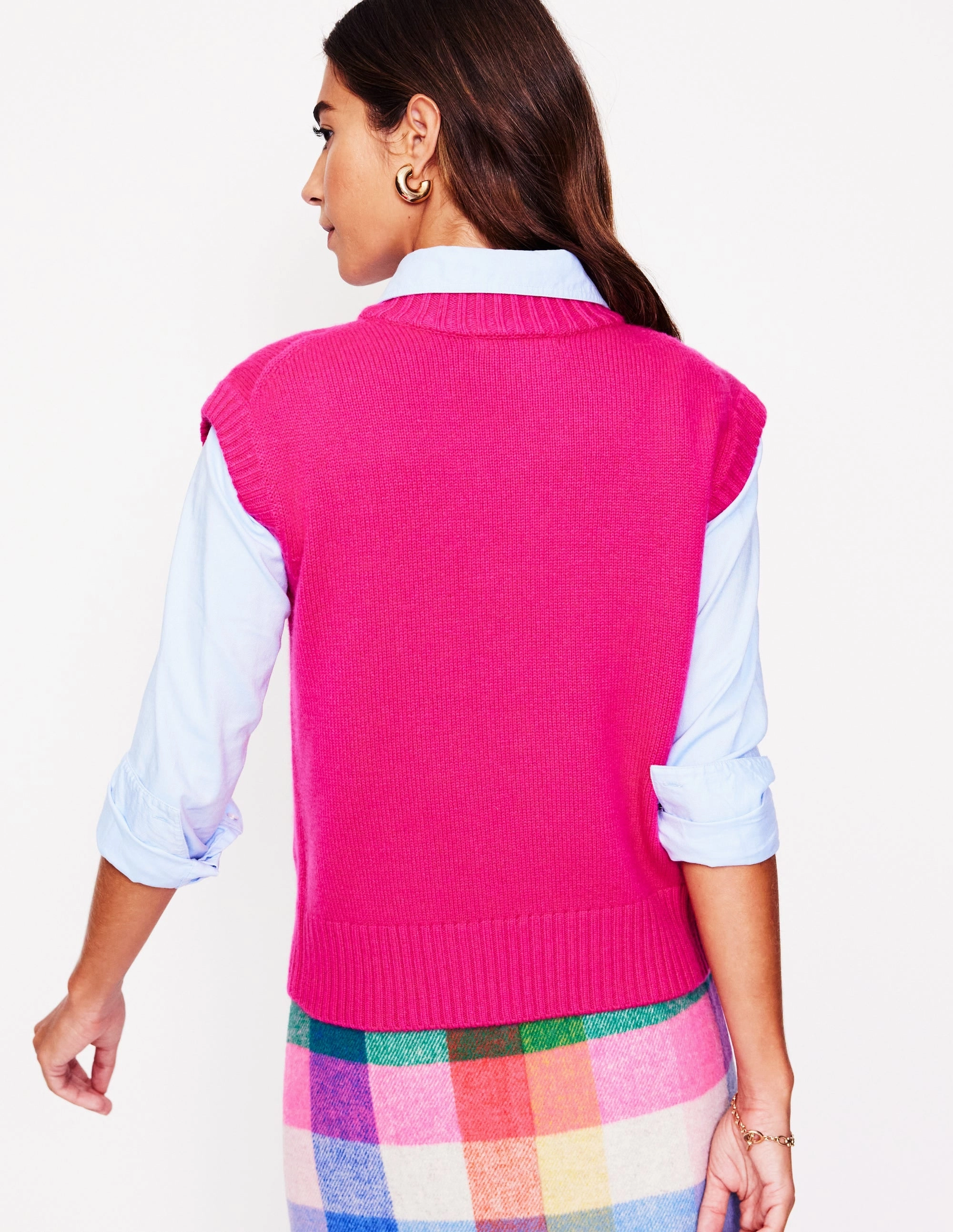 Chunky Cashmere Crew Neck Tank-Bright Pink Layered Knit Structure