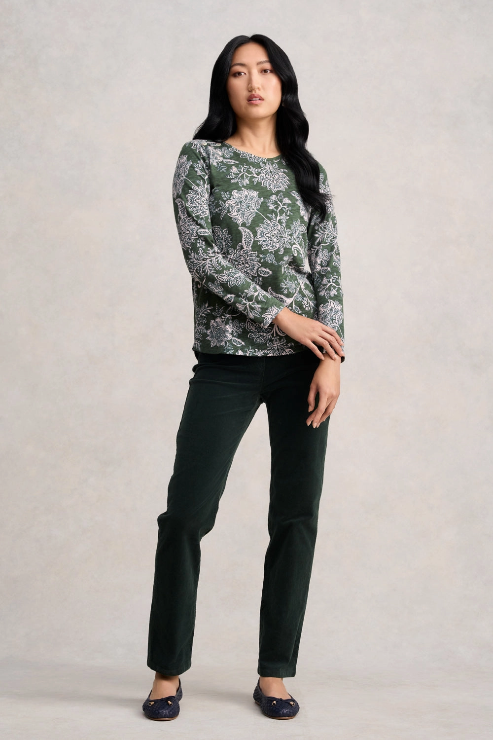 Long Sleeve Button Detail T-Shirt - Forest Green Paisley Hygroscopic Inner Layer