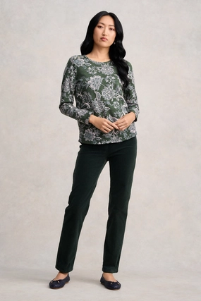 Seamless Knit Design Durable Stitch Pattern Long Sleeve Button Detail T-Shirt - Forest Green Paisley