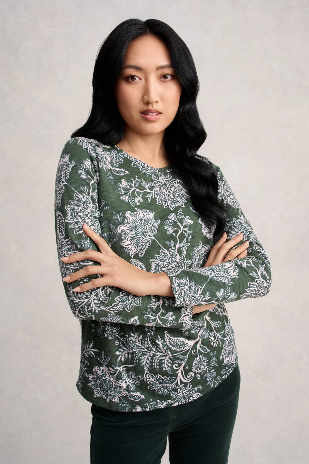 Long Sleeve Button Detail T-Shirt - Forest Green Paisley ReflectiveTrim NonFadeFinish