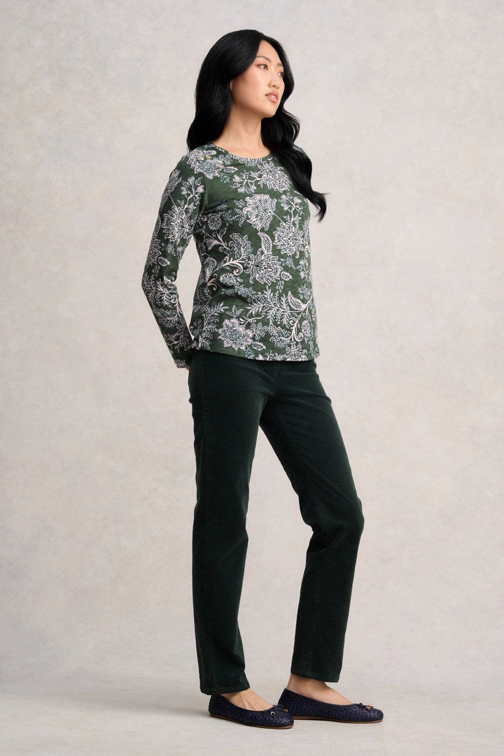 Long Sleeve Button Detail T-Shirt - Forest Green Paisley YarnDyeStripe