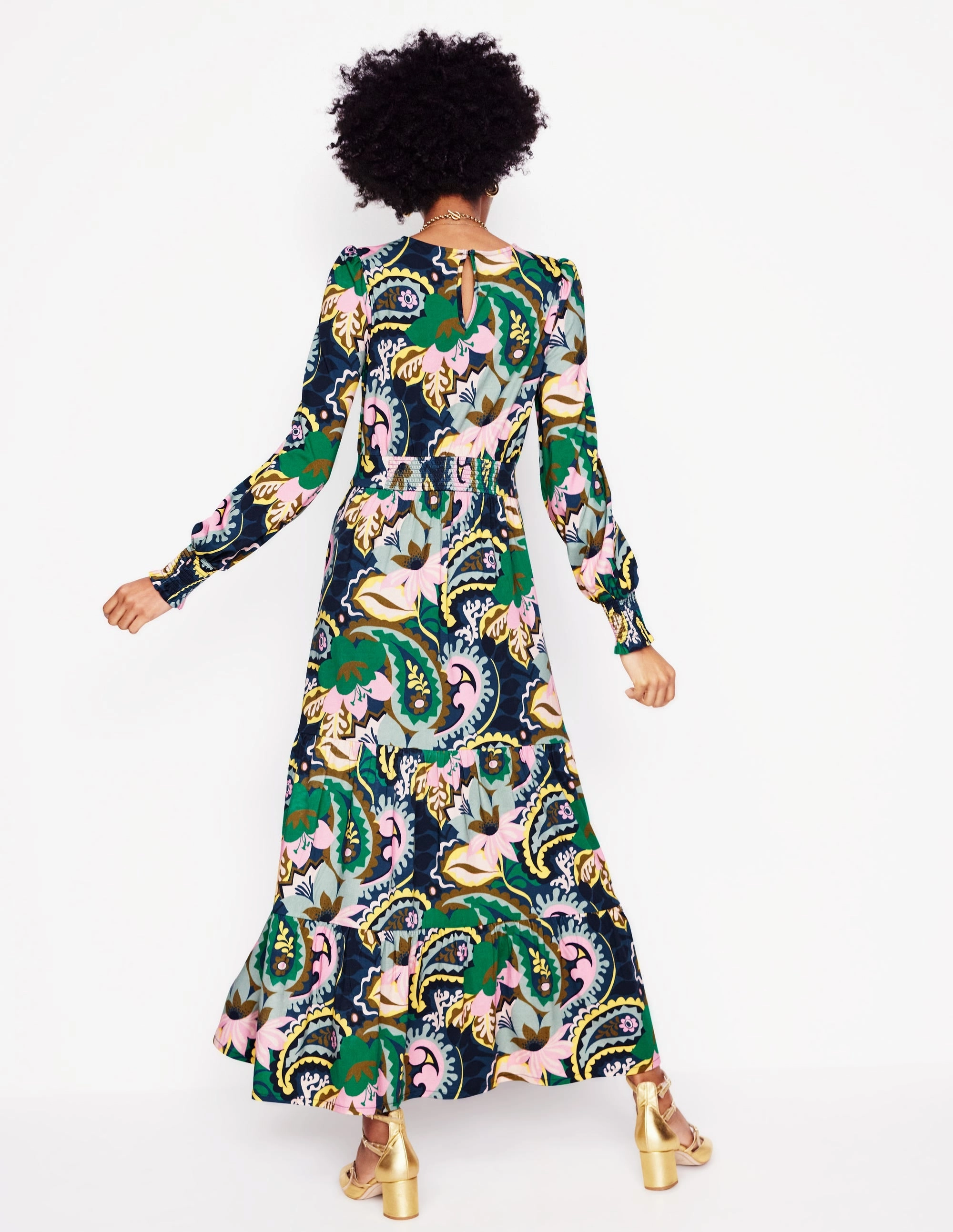 Sheer Element Layer Safe Tabitha Tiered Jersey Dress-Green, Botanical Paisley