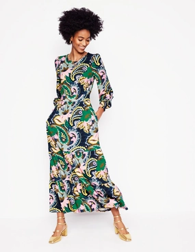 Tabitha Tiered Jersey Dress-Green, Botanical Paisley Stylish Silhouette