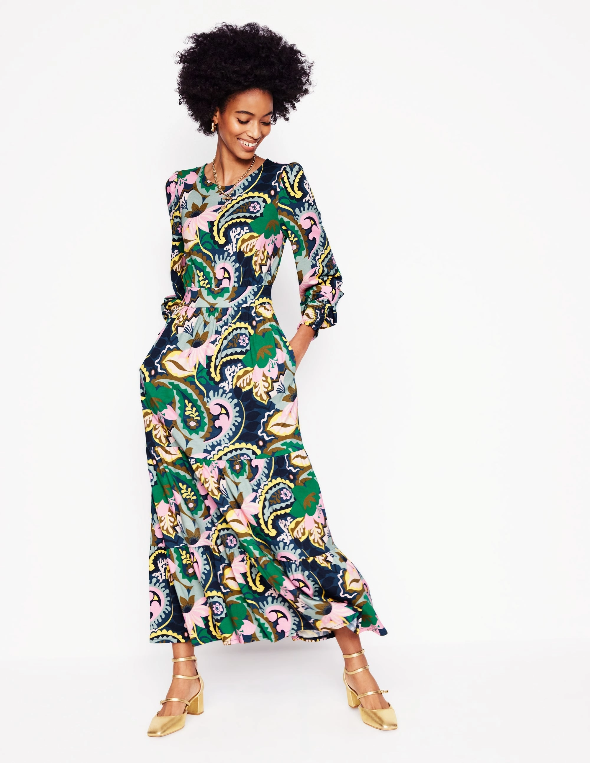 Tabitha Tiered Jersey Dress-Green, Botanical Paisley Stylish Silhouette