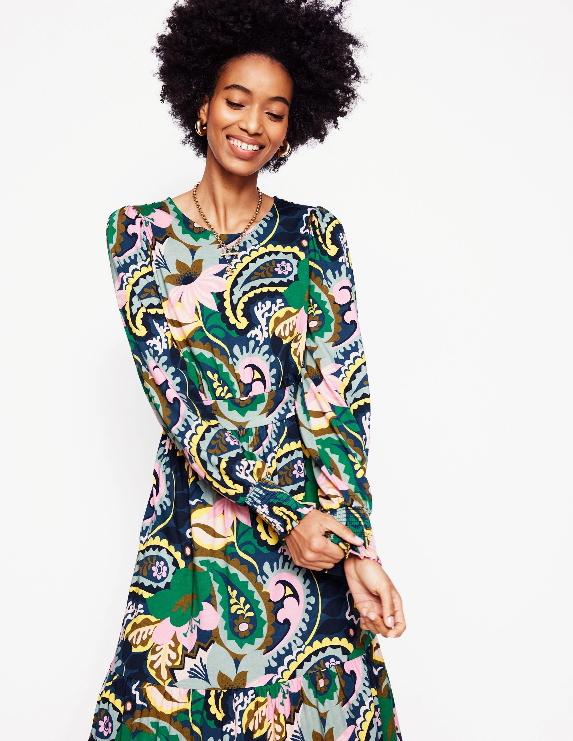 Neat Finish Tabitha Tiered Jersey Dress-Green, Botanical Paisley