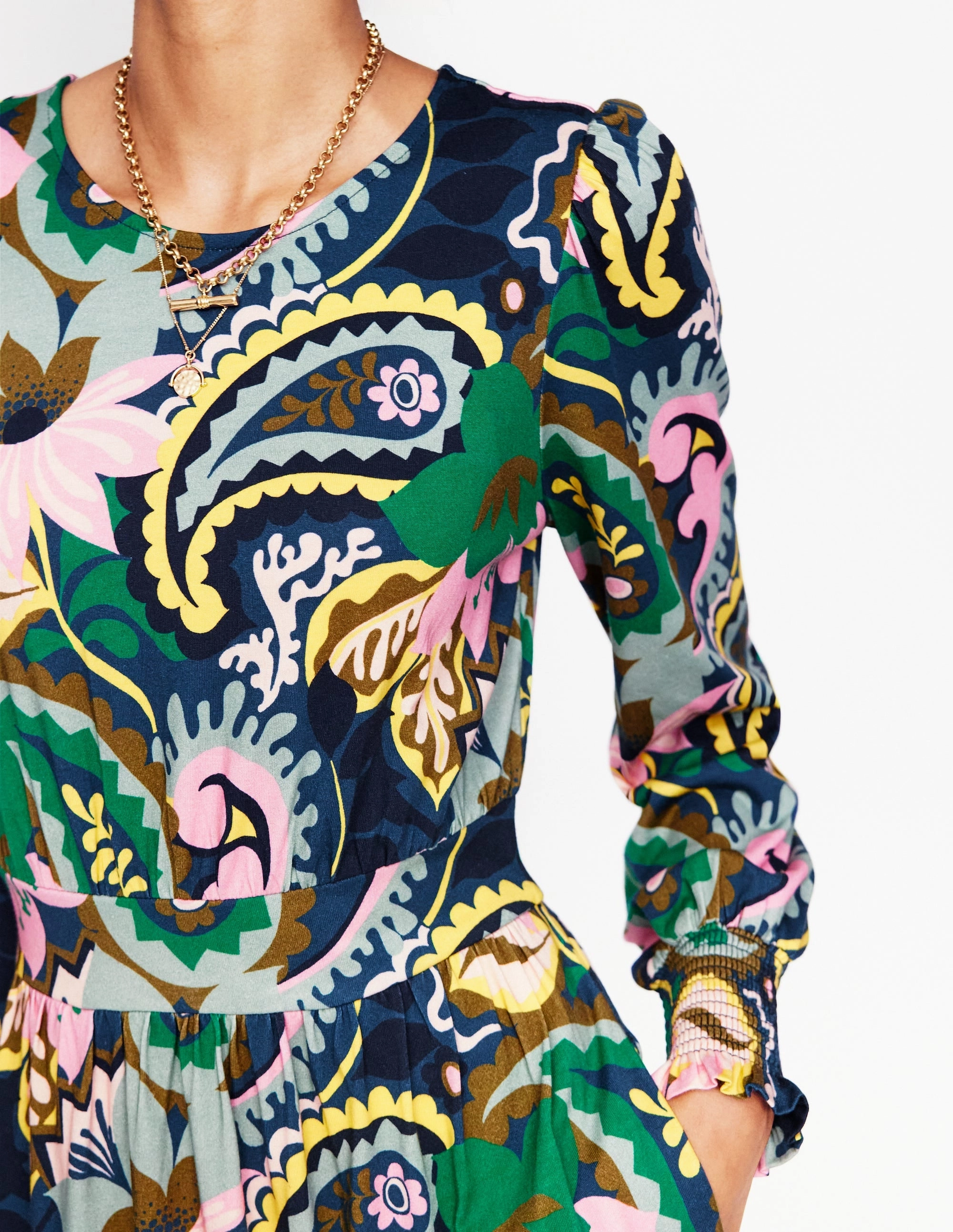 Soul Warm Light Touch Tabitha Tiered Jersey Dress-Green, Botanical Paisley