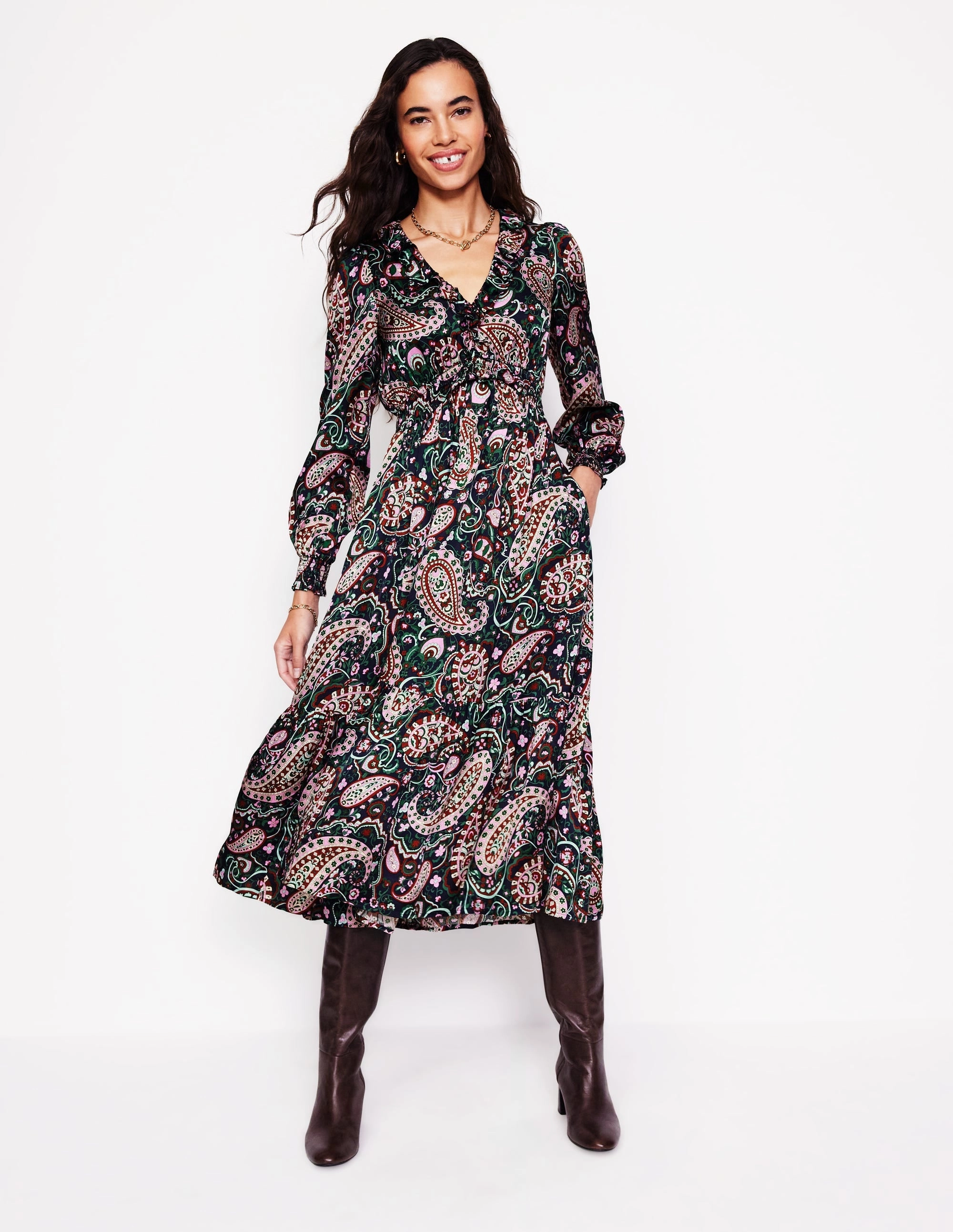 Shirred Ruffle Midi Dress-Mauve Mist, Paisley Paradise Curve-Enhancing