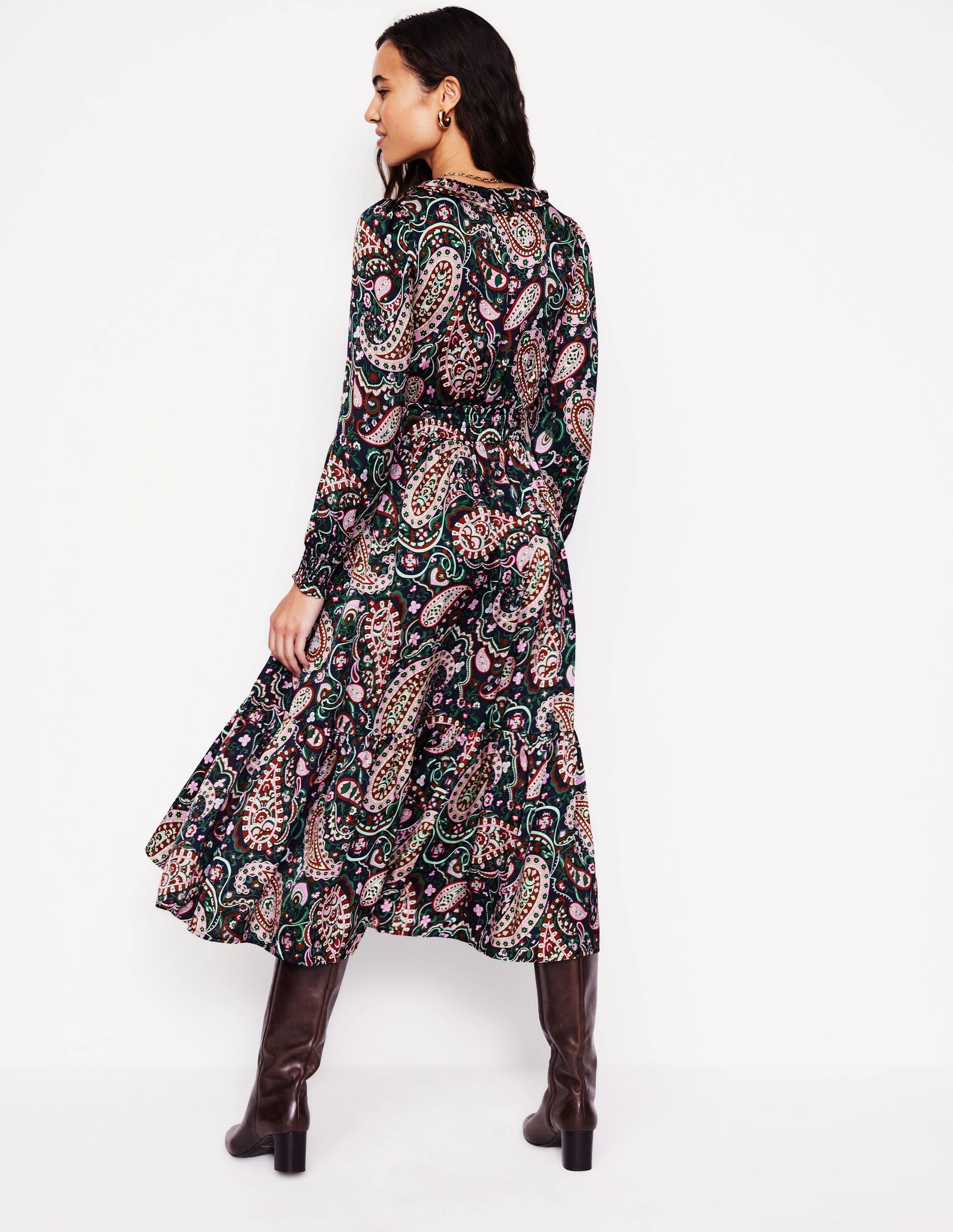 Eco-Lining Shirred Ruffle Midi Dress-Mauve Mist, Paisley Paradise