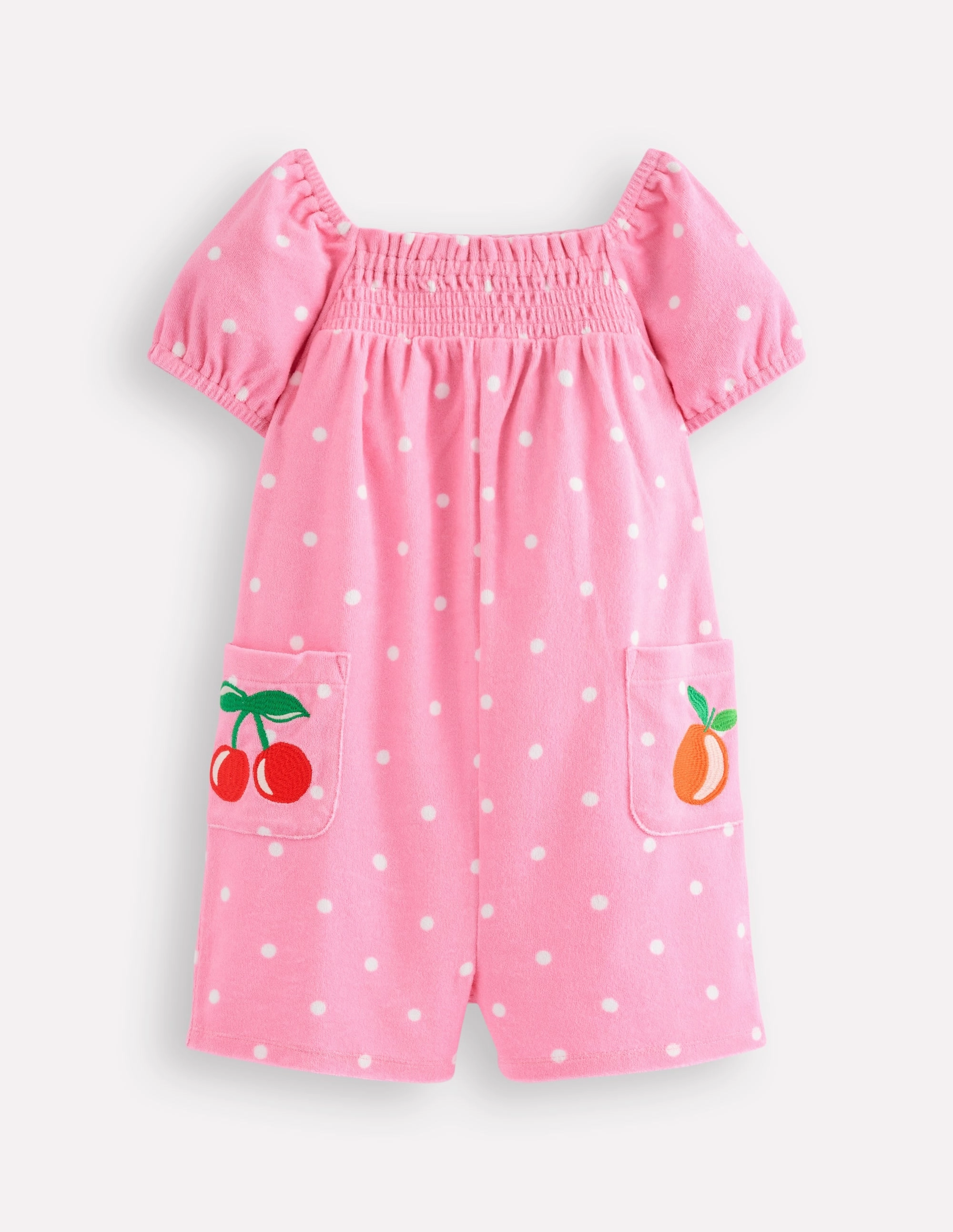All Occasion Scandi Light Towelling Playsuit-Pink Embroidered Fruit