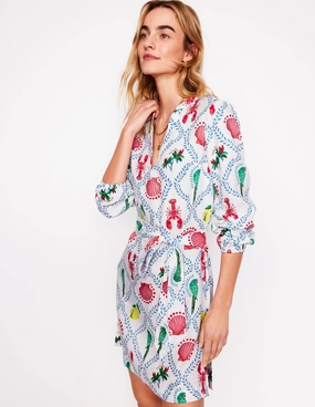 Cleo Linen Tie Waist Dress-Ivory, Tropical Bonanza Vine Timeless office dress Evening Event