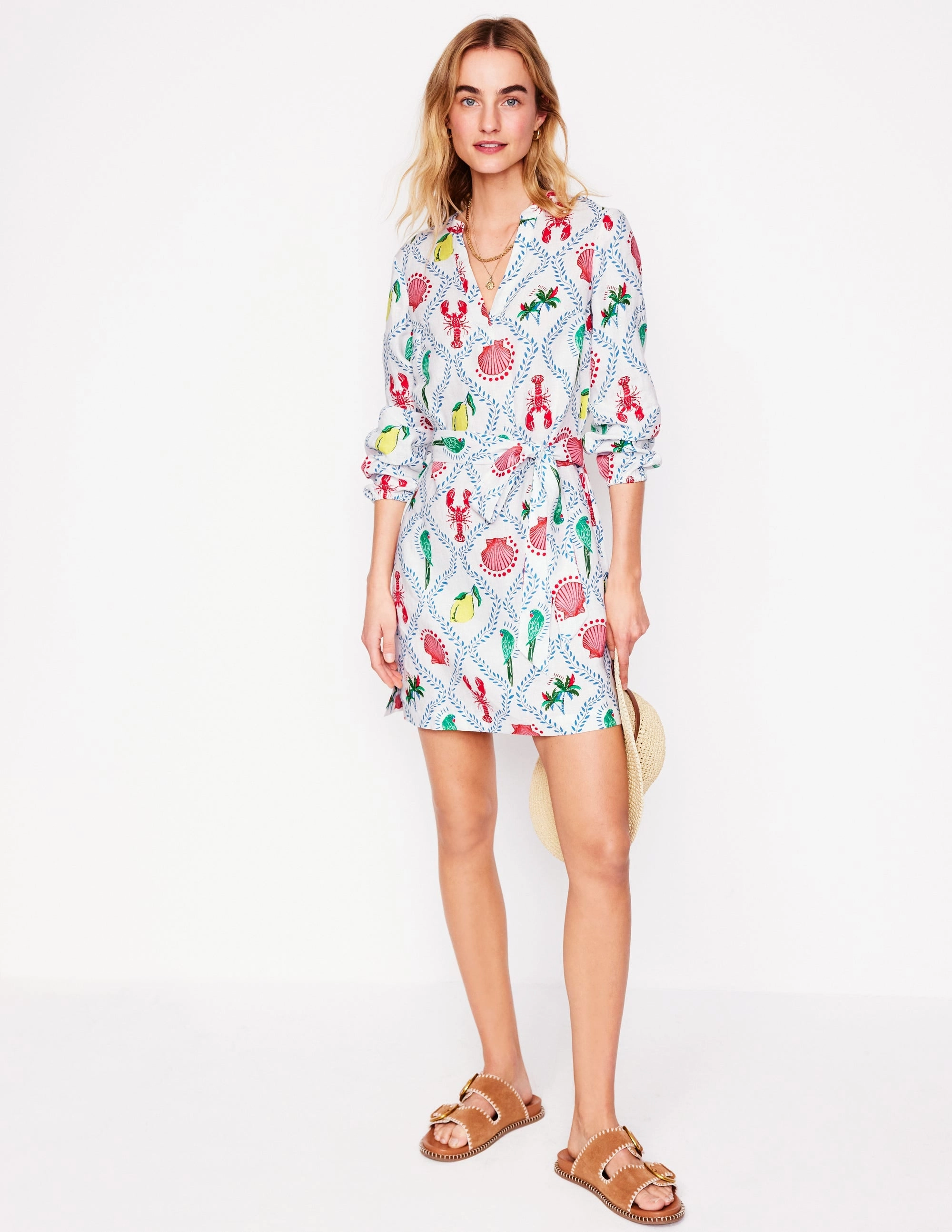 Classy Look Cleo Linen Tie Waist Dress-Ivory, Tropical Bonanza Vine