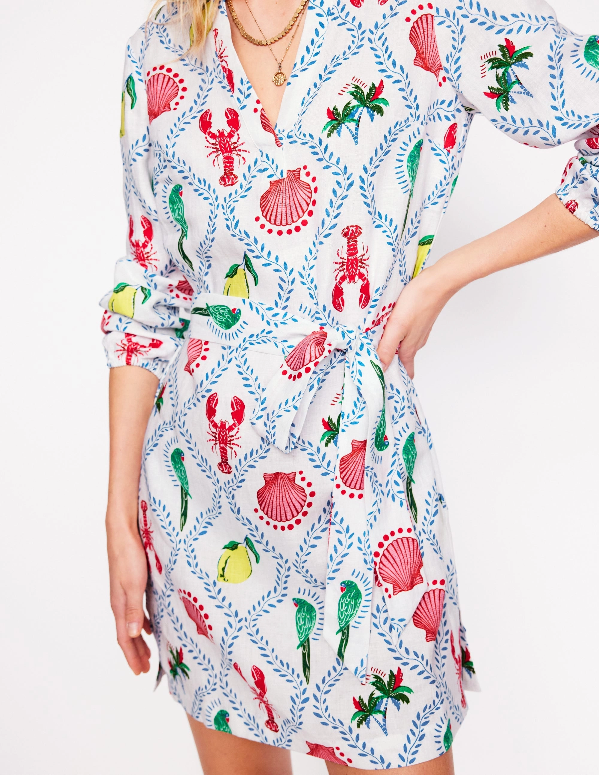 Urban Light Blue Sky Cleo Linen Tie Waist Dress-Ivory, Tropical Bonanza Vine