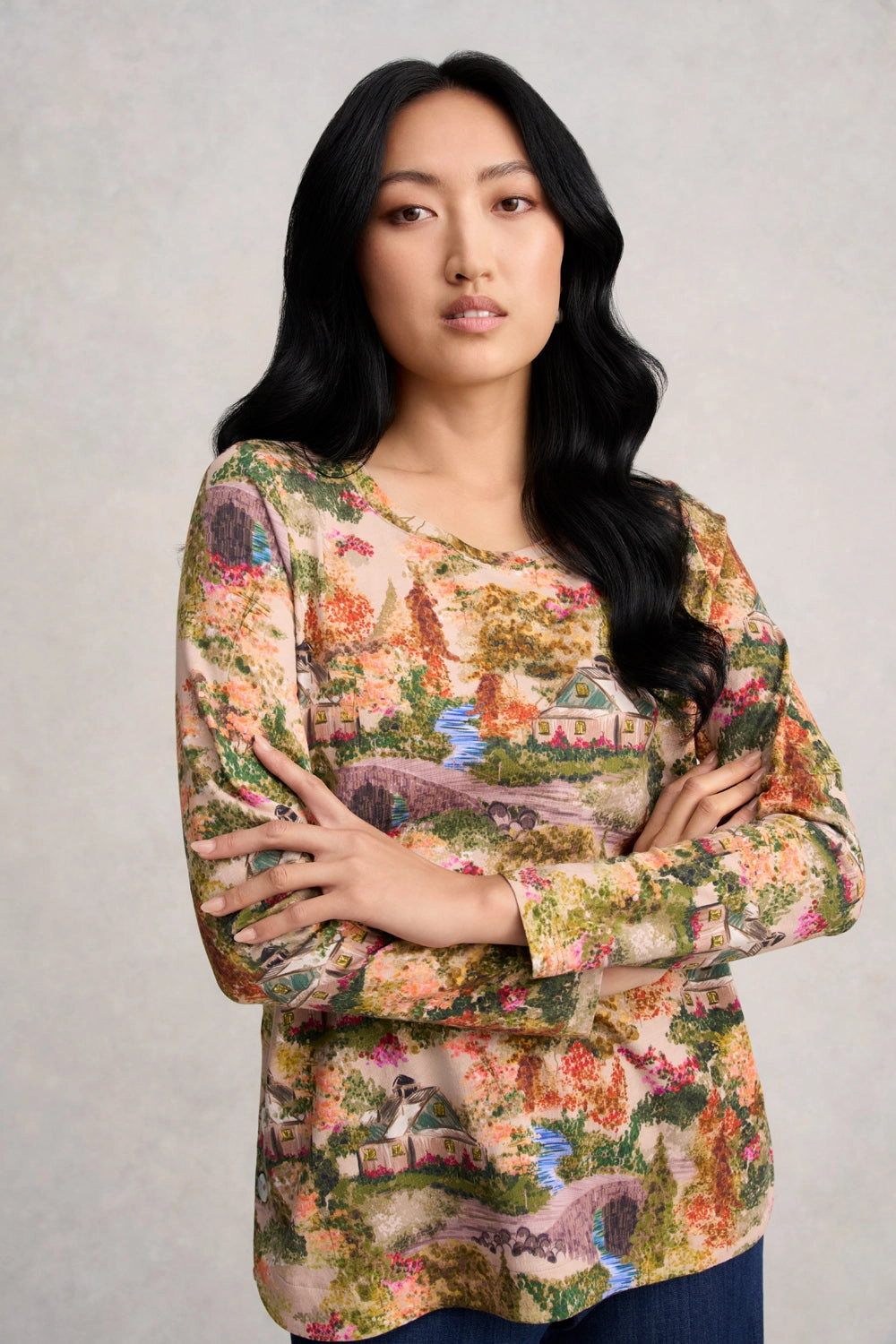 Adaptive Waistband MoistureControl Long Sleeve Organic Cotton T-Shirt - Autumn Cottage Print