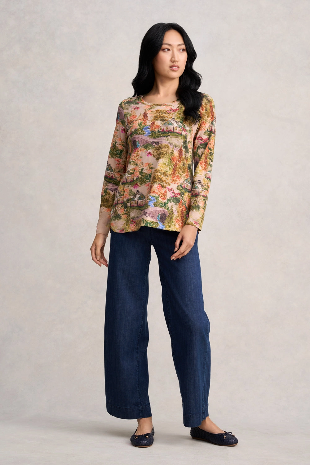 Quick Access Zipper Biodegradable material Long Sleeve Organic Cotton T-Shirt - Autumn Cottage Print