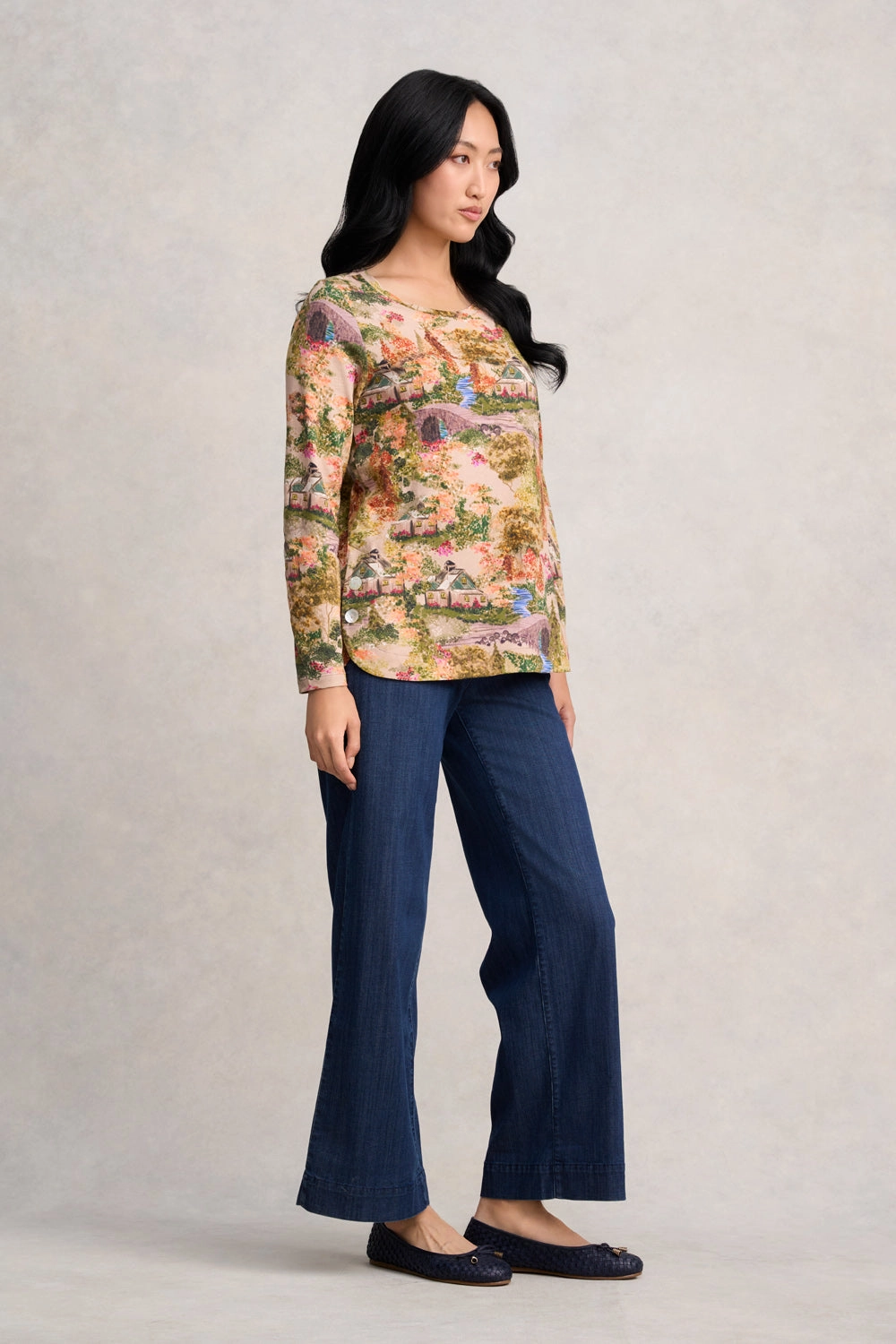 Long Sleeve Organic Cotton T-Shirt - Autumn Cottage Print Casual Long Sleeve Anti Pill Surface