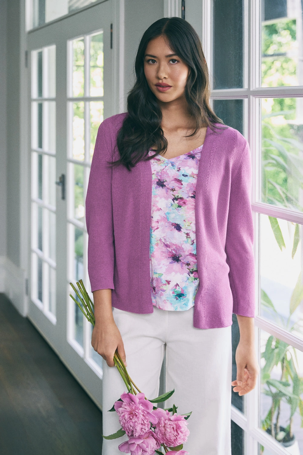 Knitted 3/4 Sleeve Cardigan - First Bloom ReinforcedShoulders Sheer Overlay Material