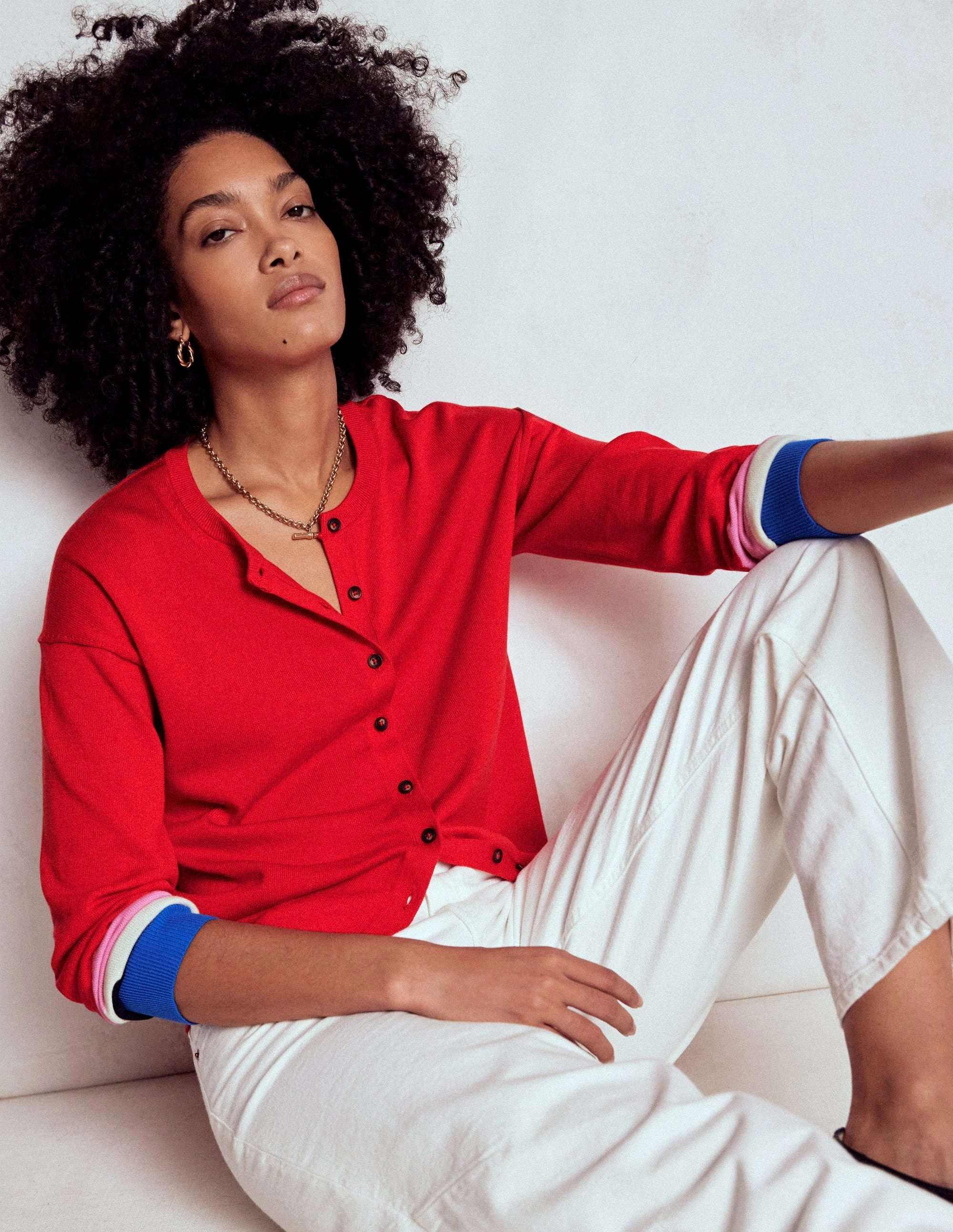 Basic Layer Lara Relaxed Cotton Cardigan-Poppy Red, Cuff Stripe