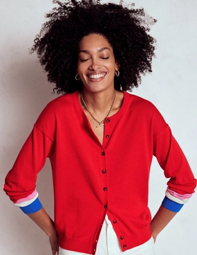 Lara Relaxed Cotton Cardigan-Poppy Red, Cuff Stripe Cozy Fleece
