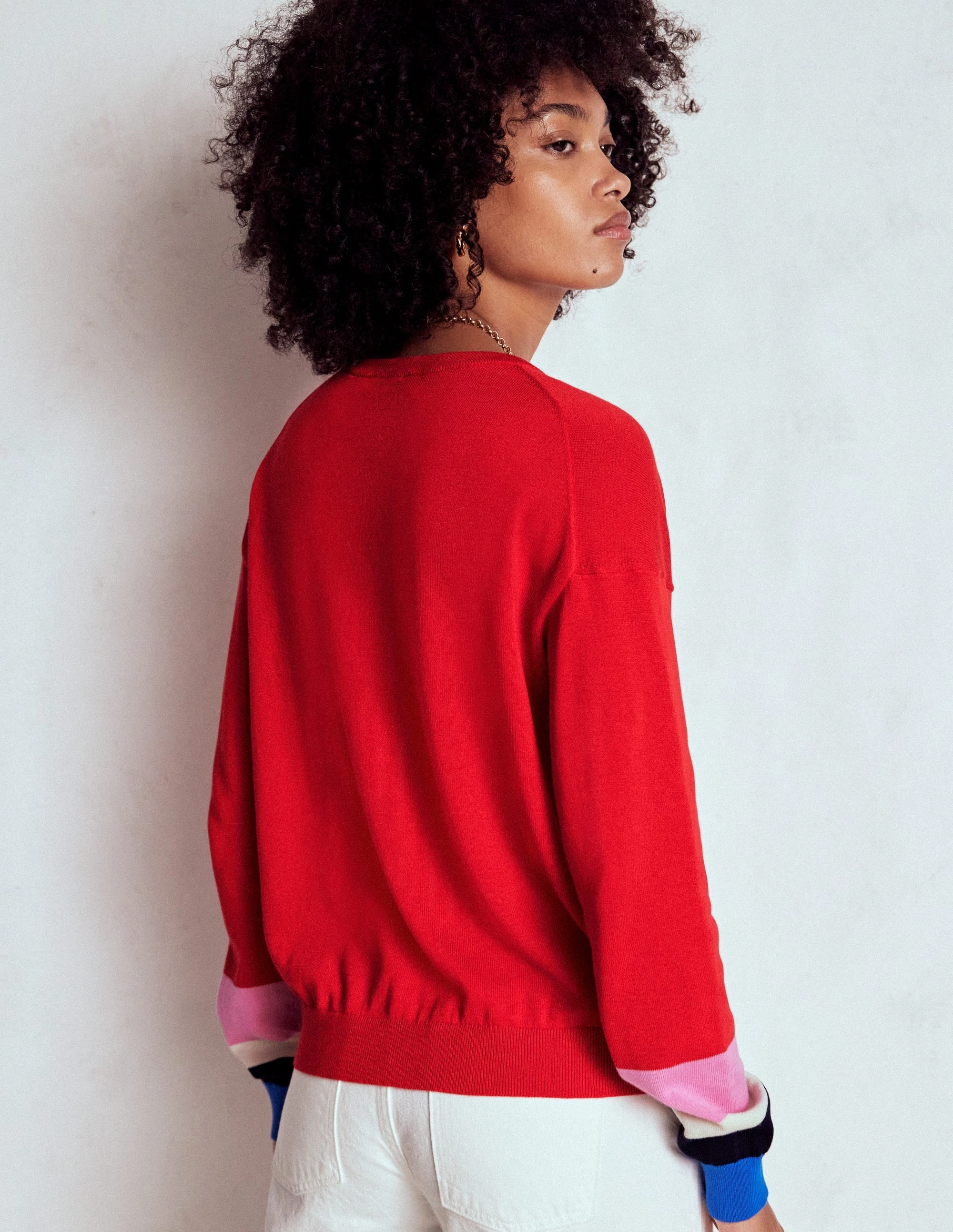 Lara Relaxed Cotton Cardigan-Poppy Red, Cuff Stripe Turtleneck Variation EcoFriendly Material Blend