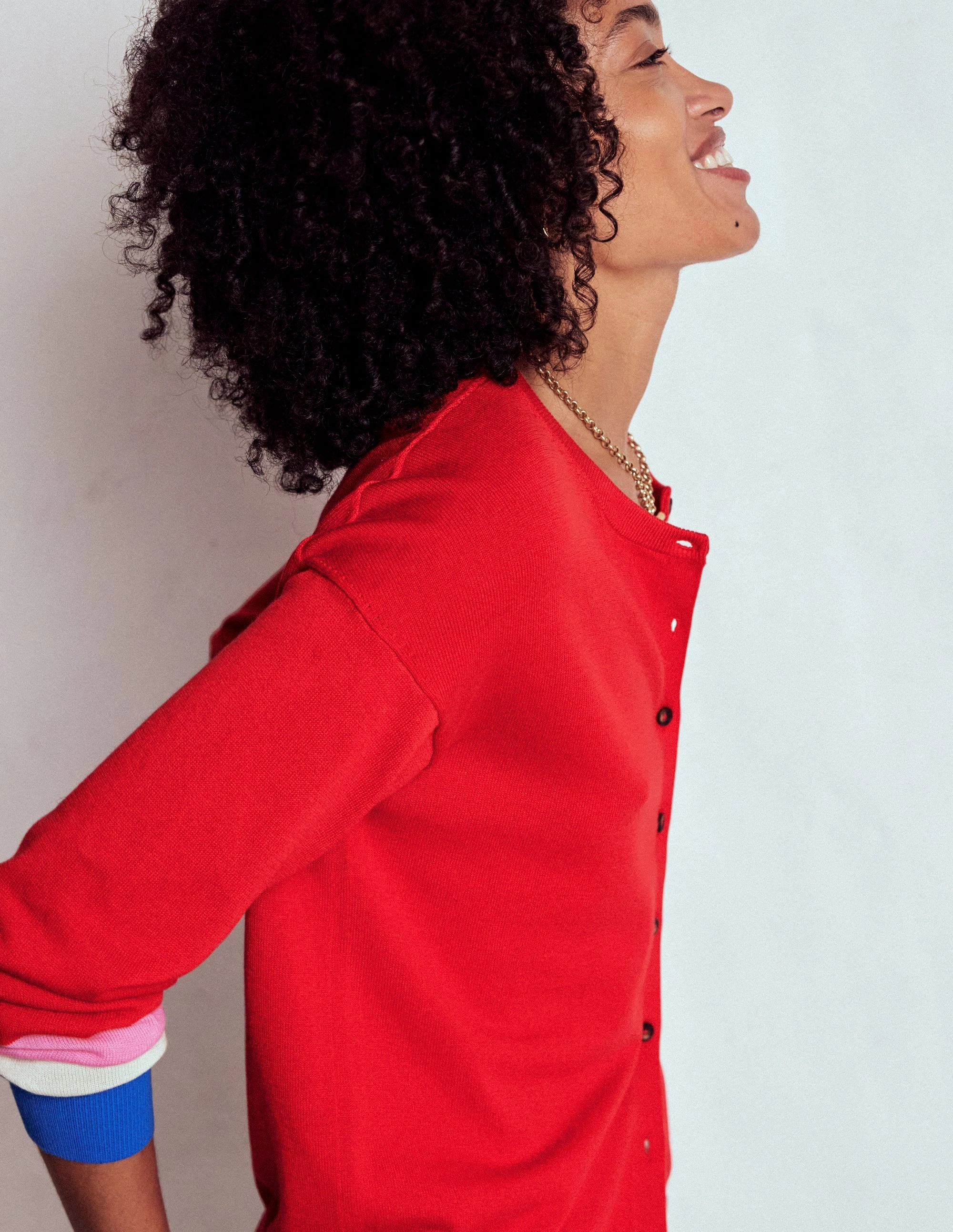 Light Cover Closet Essential Lara Relaxed Cotton Cardigan-Poppy Red, Cuff Stripe