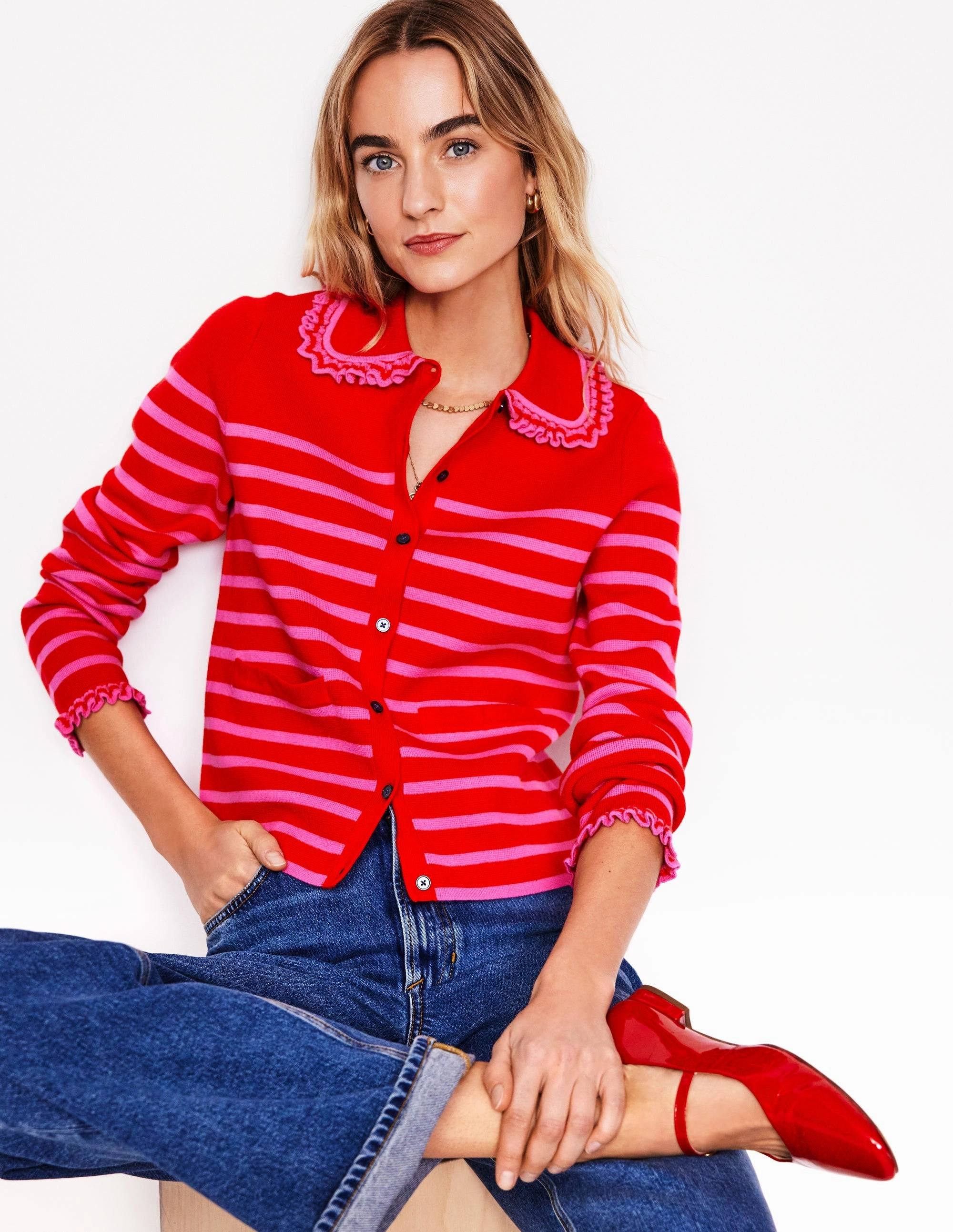 Jessie Frill Collared Cardigan-Poppy Red, Sorbet Pink Stripe High Thread Count No Season