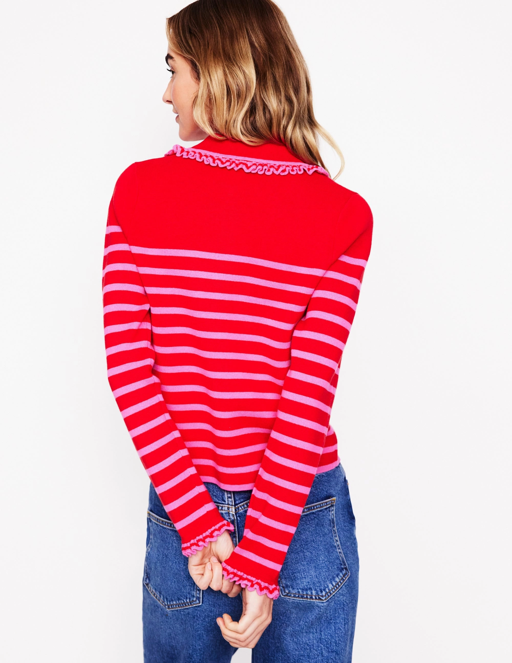 EcoFriendly Dye Jessie Frill Collared Cardigan-Poppy Red, Sorbet Pink Stripe