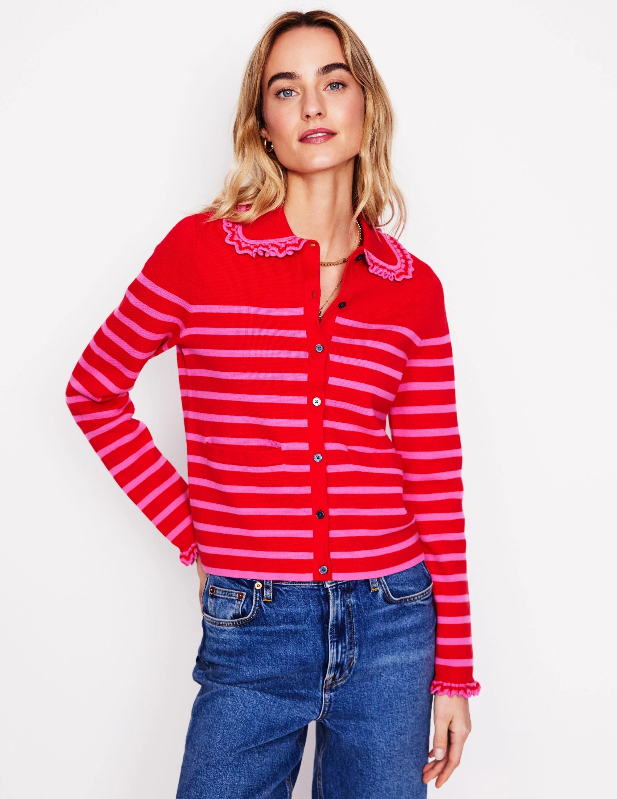 Jessie Frill Collared Cardigan-Poppy Red, Sorbet Pink Stripe All Day Quick Dressing