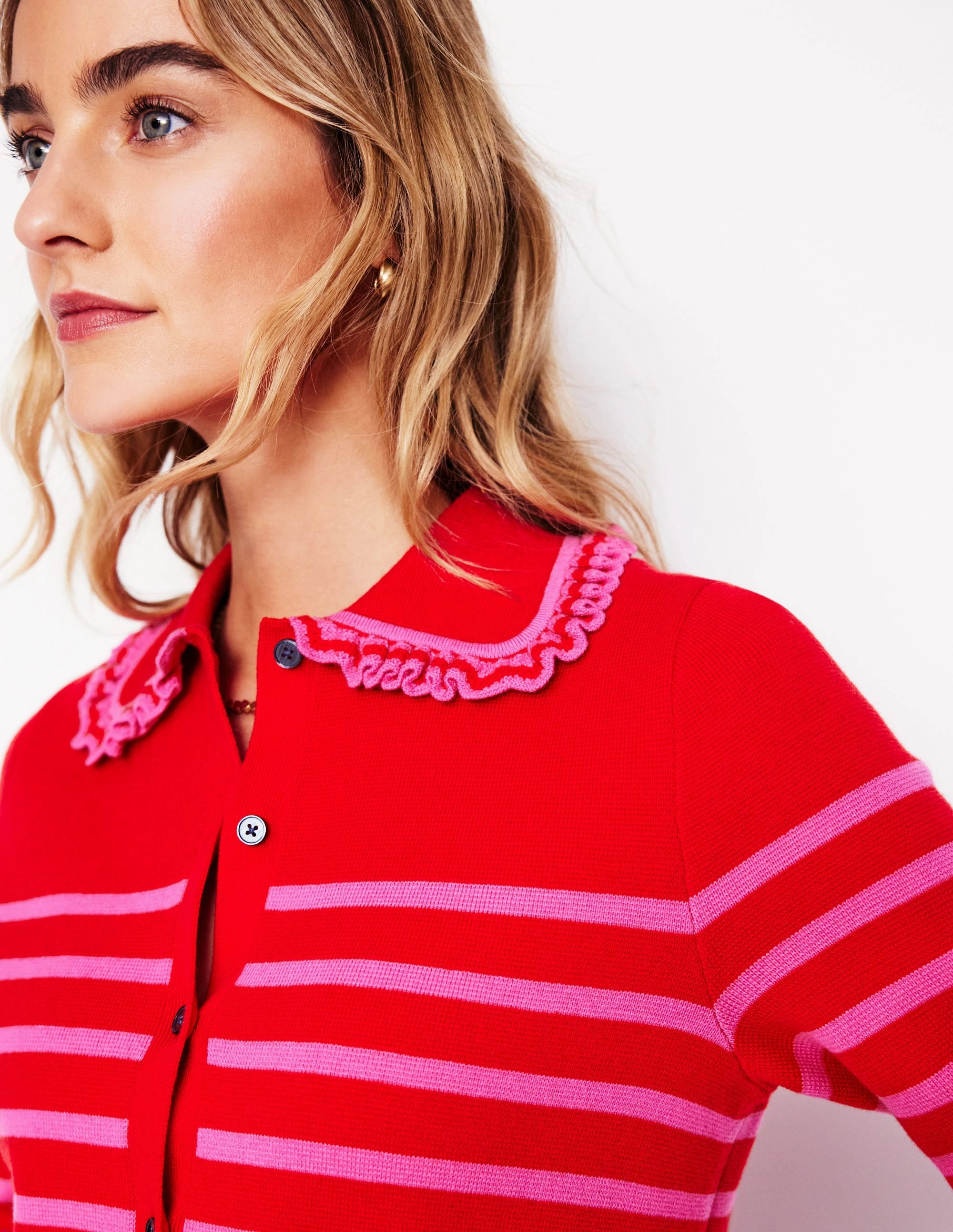 Jessie Frill Collared Cardigan-Poppy Red, Sorbet Pink Stripe Ultra Fine Gauge