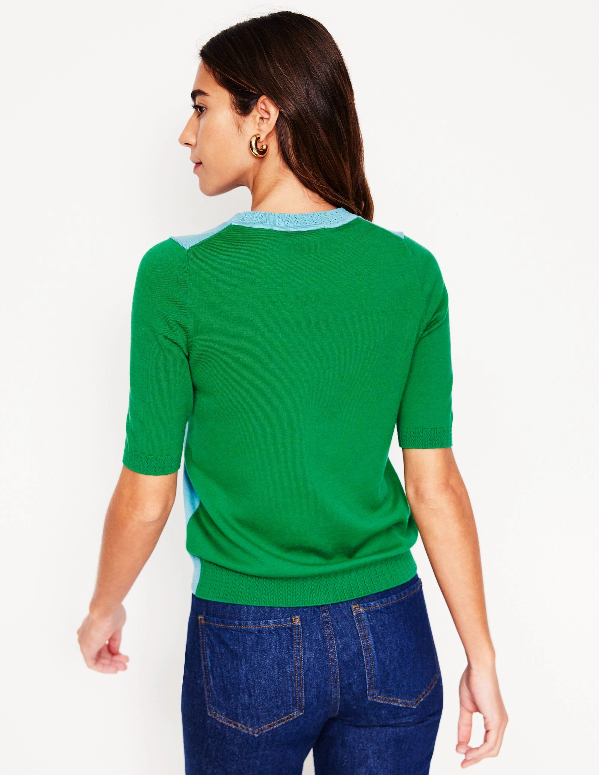 QuickDry Fibers Ribbed Hem Detail Emilia Cotton Crew T-shirt-Duck Egg Blue / Rich Emerald