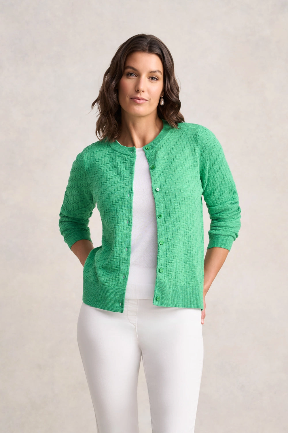 Reinforced Stitching Multipurpose Design Textured Knit Cardigan ?C Emerald