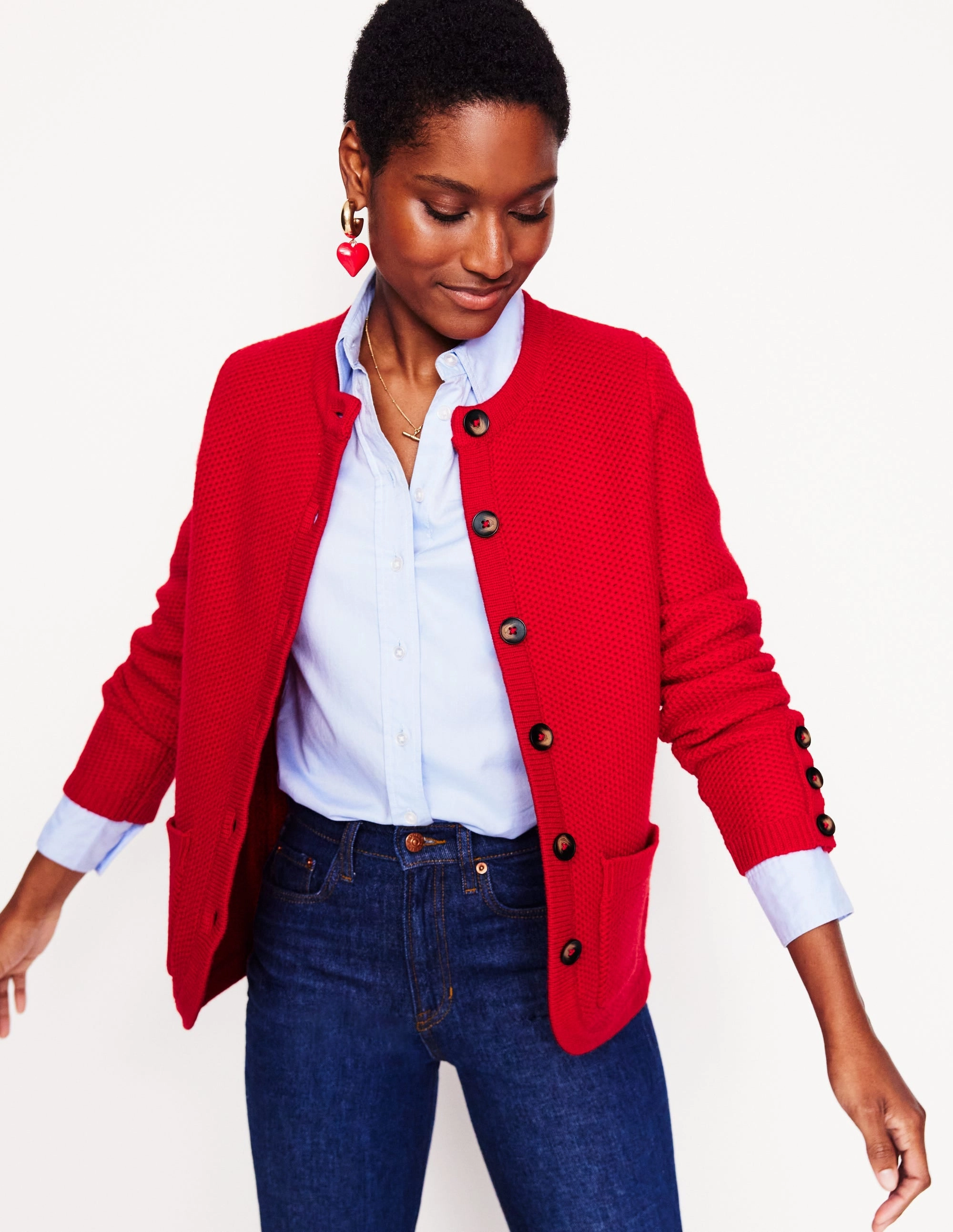 FourWay Stretch Fabric Textured Stitch Cardigan-Rouge Red