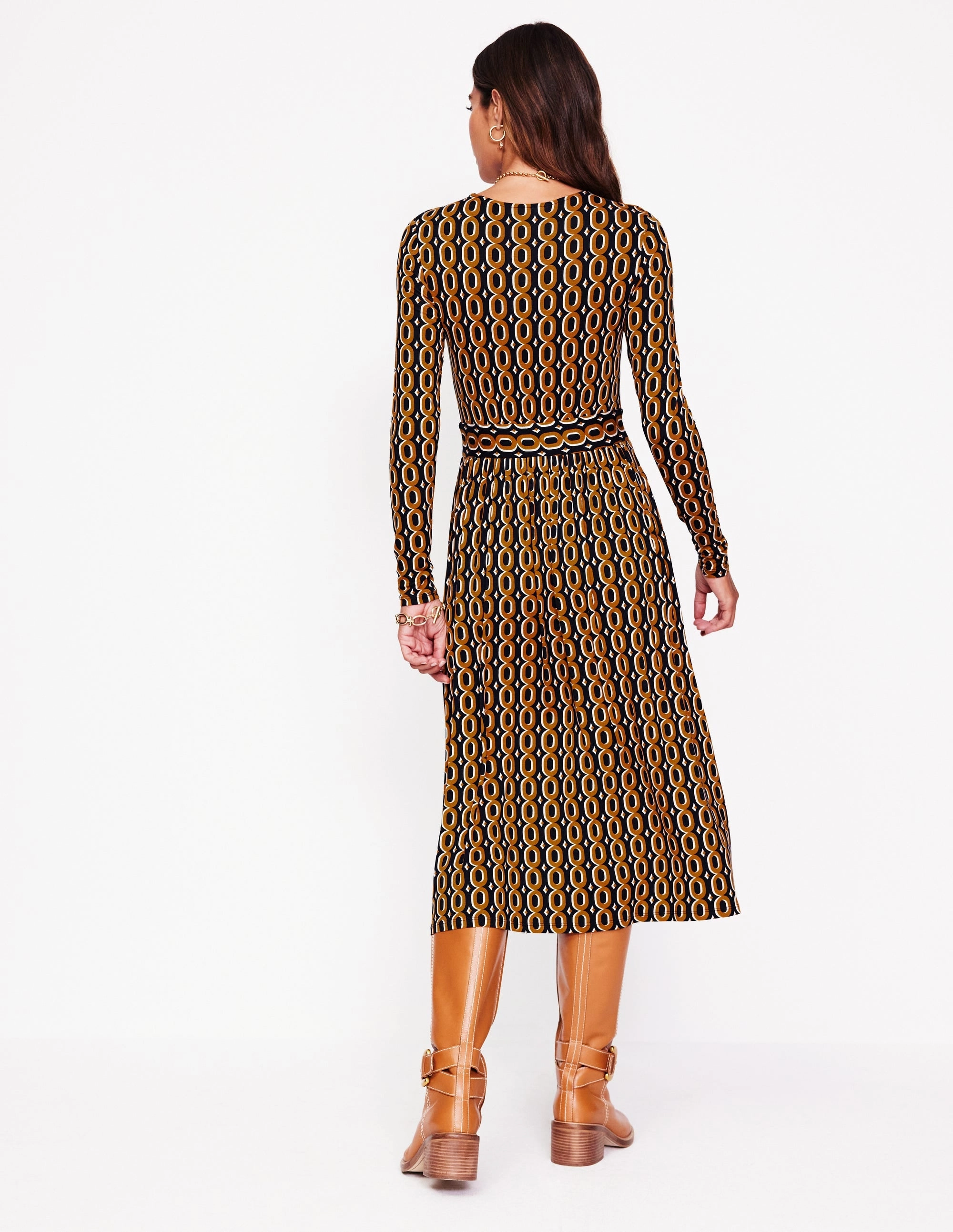 Thea Long Sleeve Jersey Dress-Ochre, Chain Cloud Light Gentle Flow