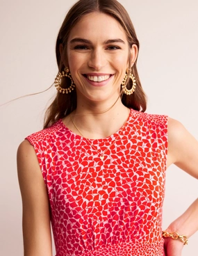 Metallic-Shine Photo Bright Thea Sleeveless Midi Dress-Poppy Red, Botanic Sprig