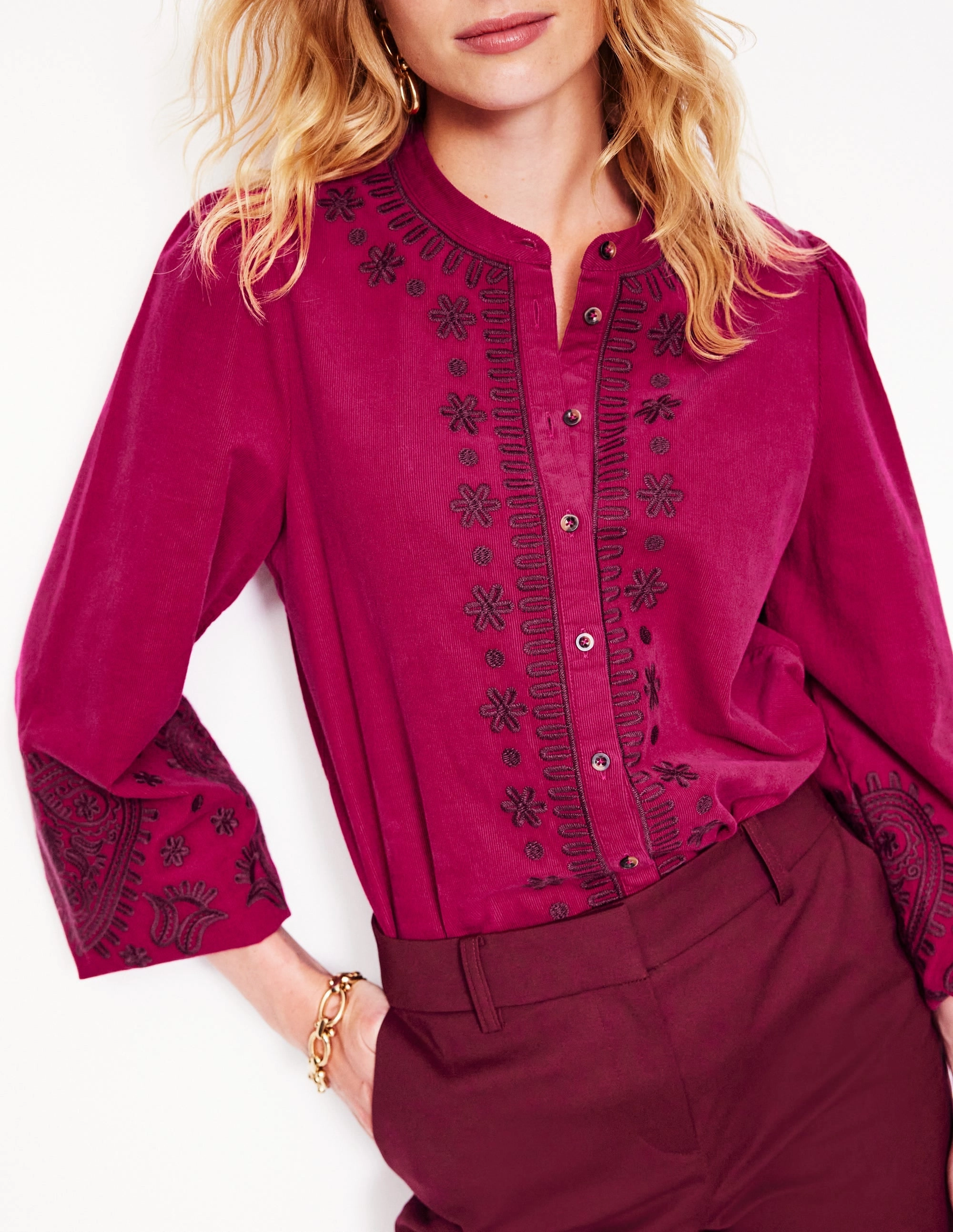 BreathableMaterial Theodora Cord Blouse-Cherry Jam