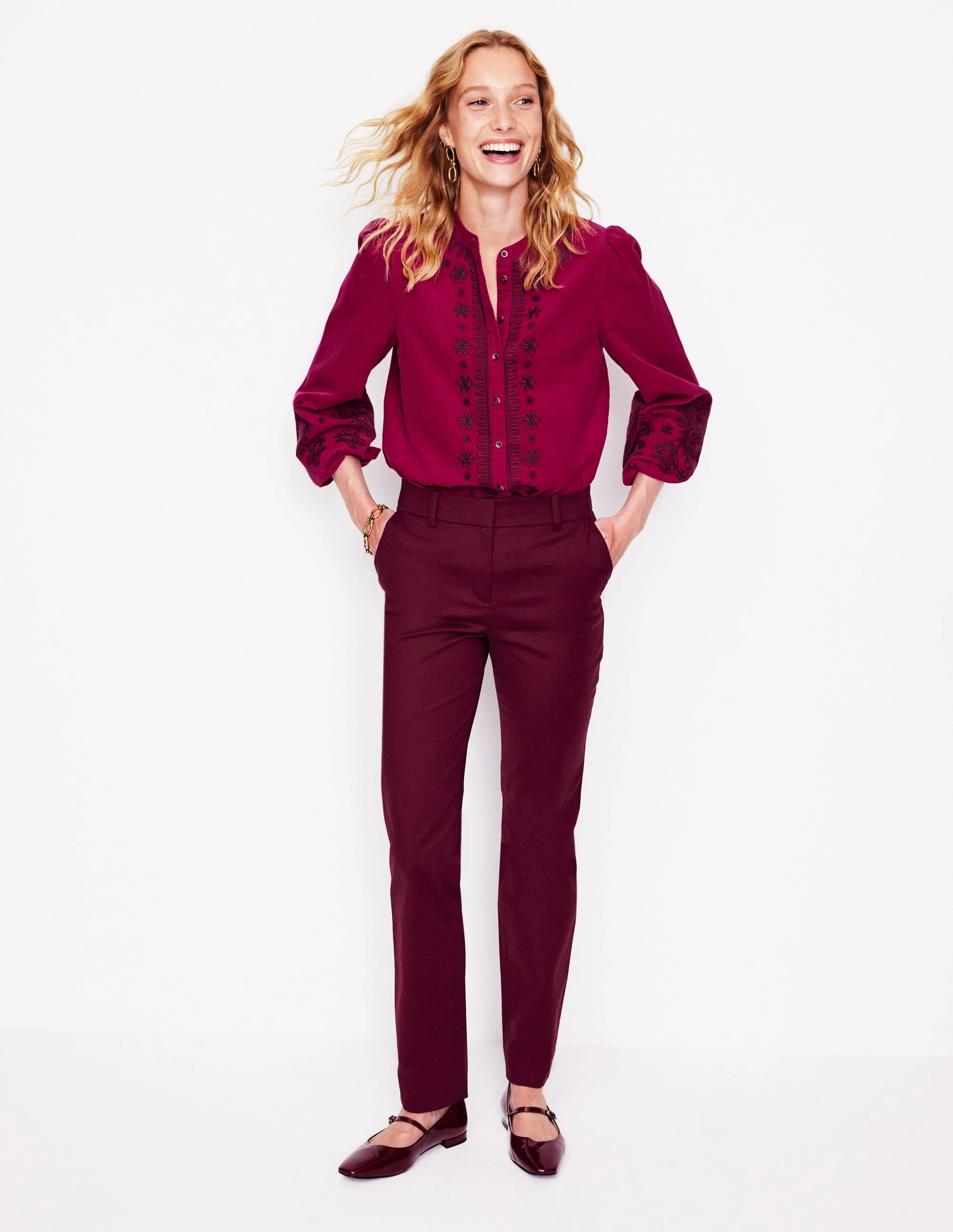 Theodora Cord Blouse-Cherry Jam Effortless Wear Fit