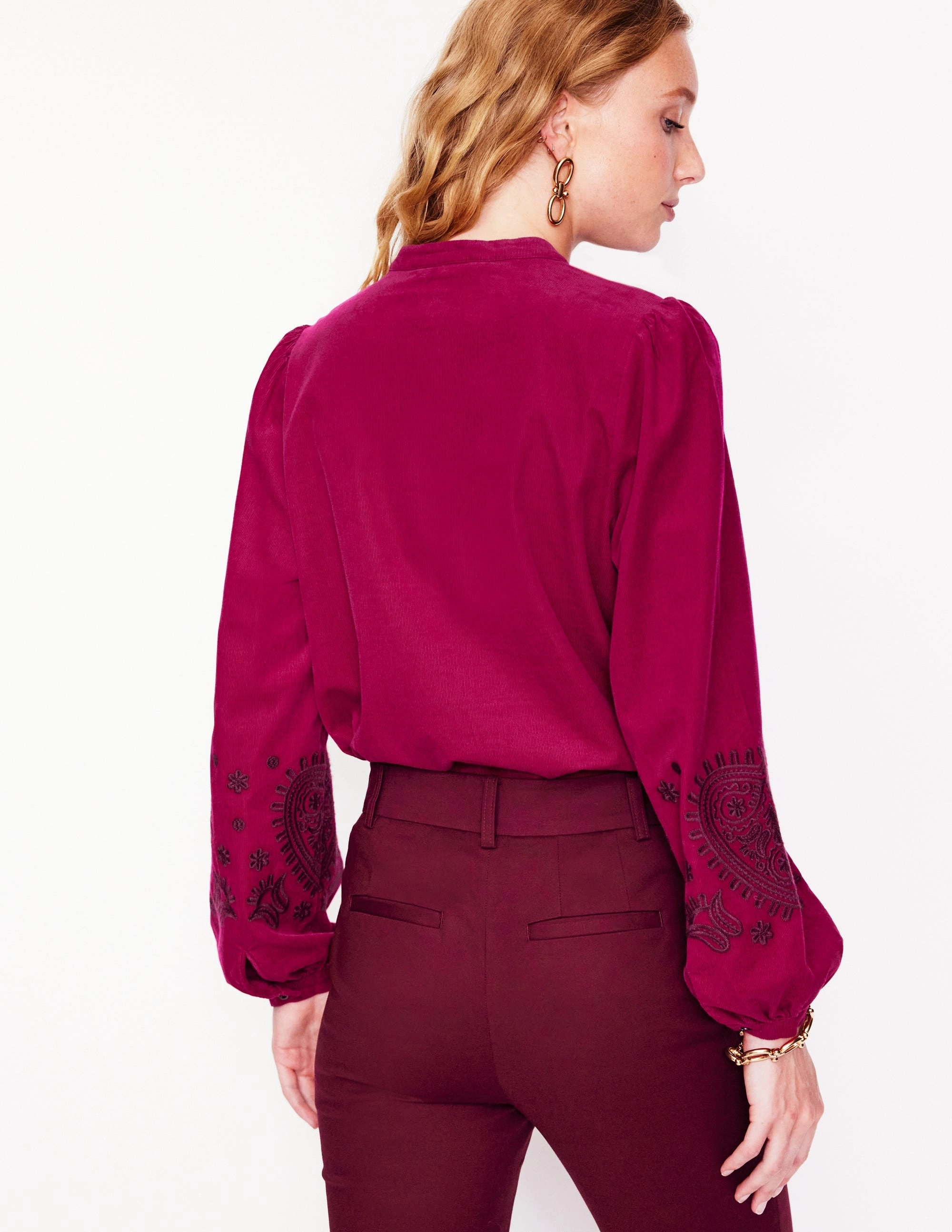 Anti Odor Technology Stylish and Easygoing Theodora Cord Blouse-Cherry Jam