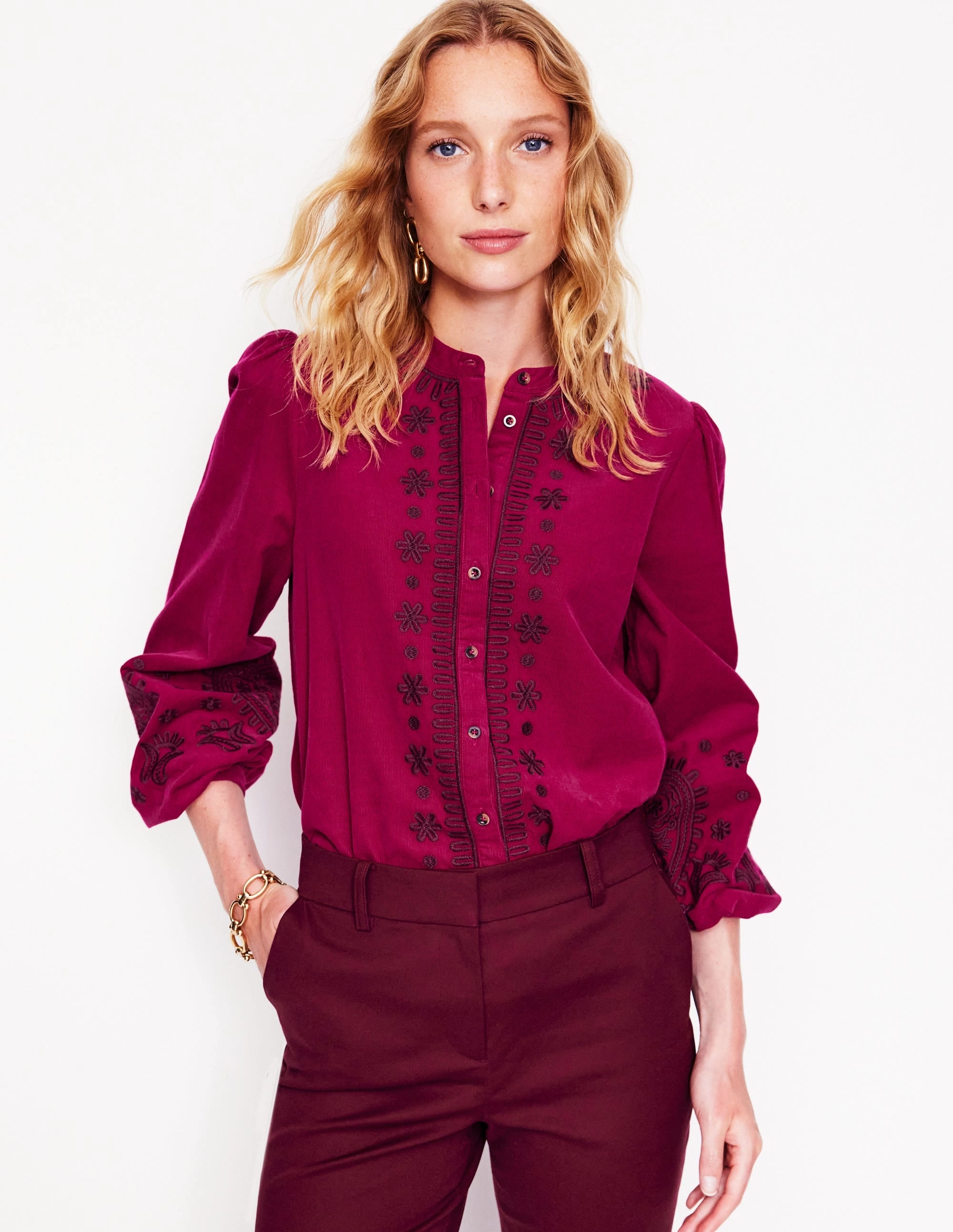 Fit For All Weekend Essential Theodora Cord Blouse-Cherry Jam