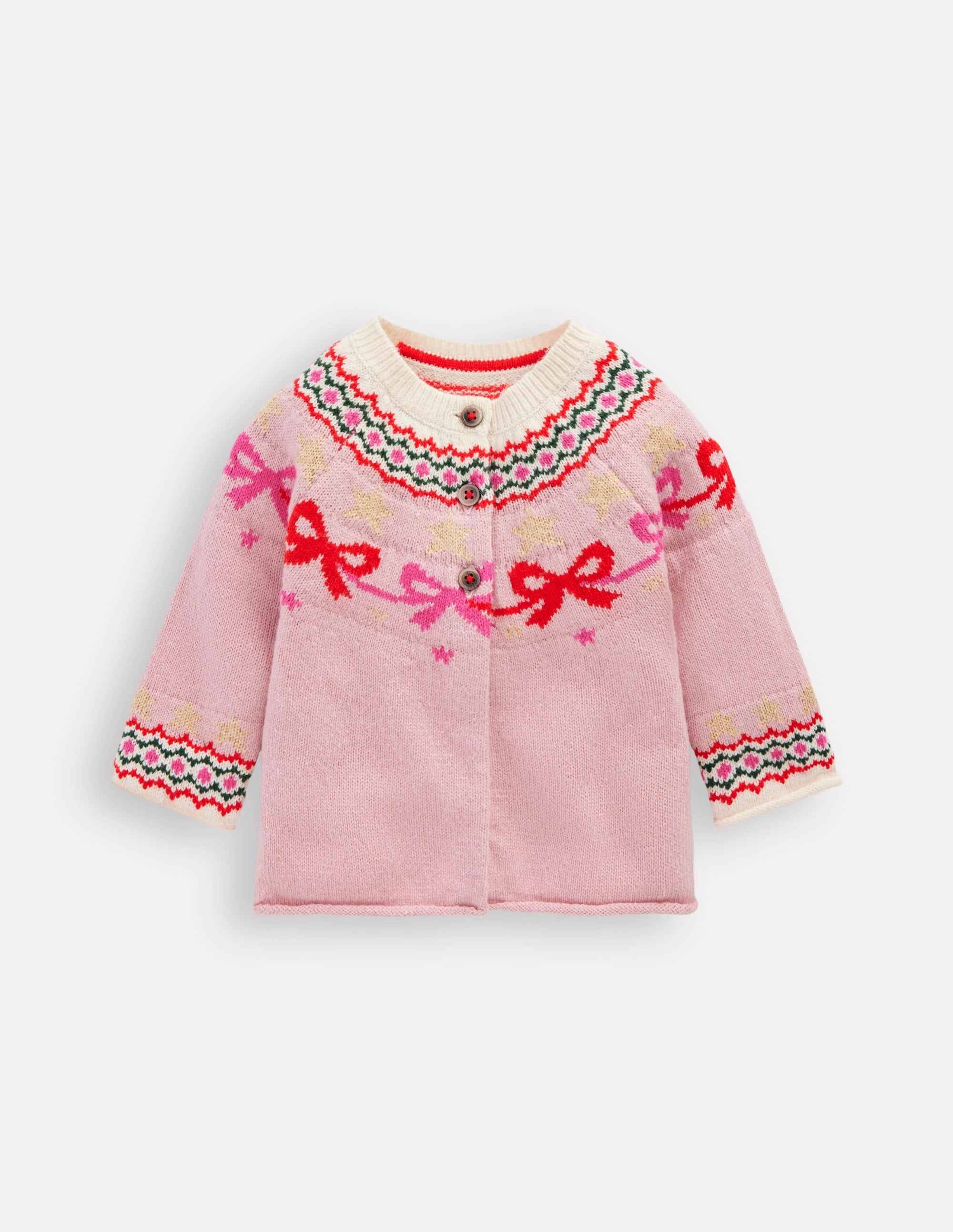 Modern Comforted ShrinkResistant Weave Edie Fair Isle Cardigan-Vintage Pink Bows