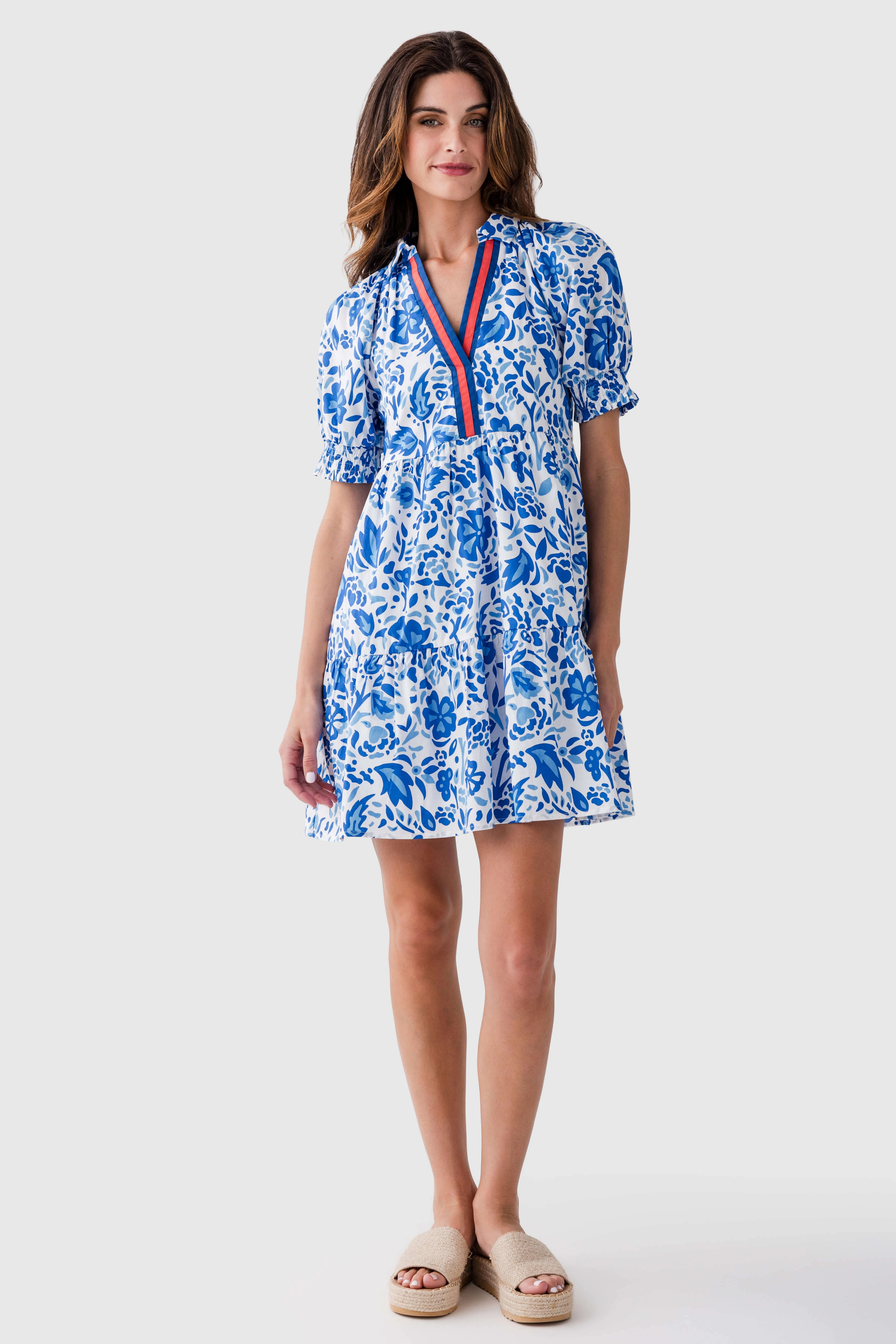 THML Flower Print Stripe Detail Tiered Dress Casual Comfort Wear