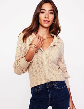 Tia Pointelle Frilled Cardigan-Gold Oatmeal Melange Classic Shape Urban Look